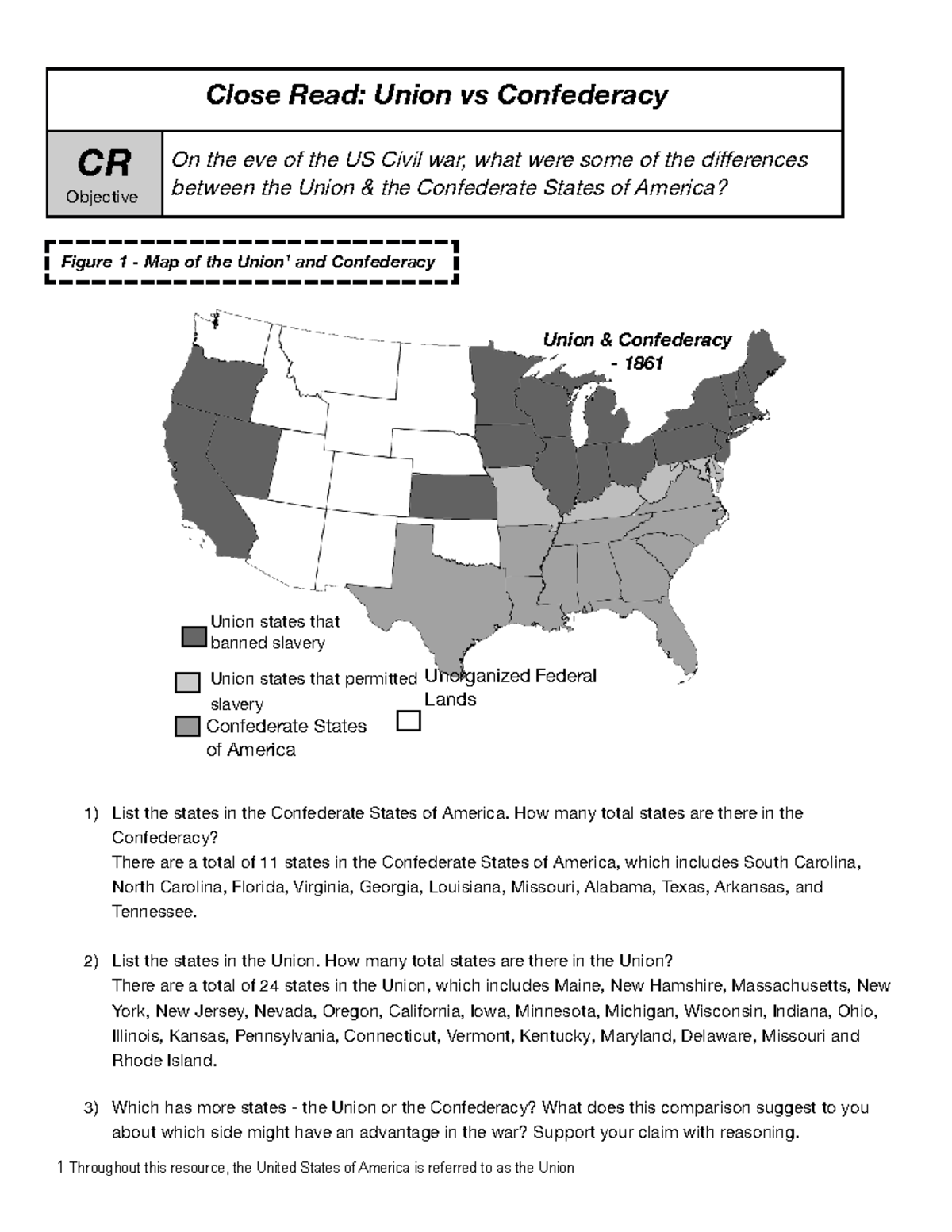 Unit 3B Close Read Union v. Confederacy 2 - Close Read: Union vs ...