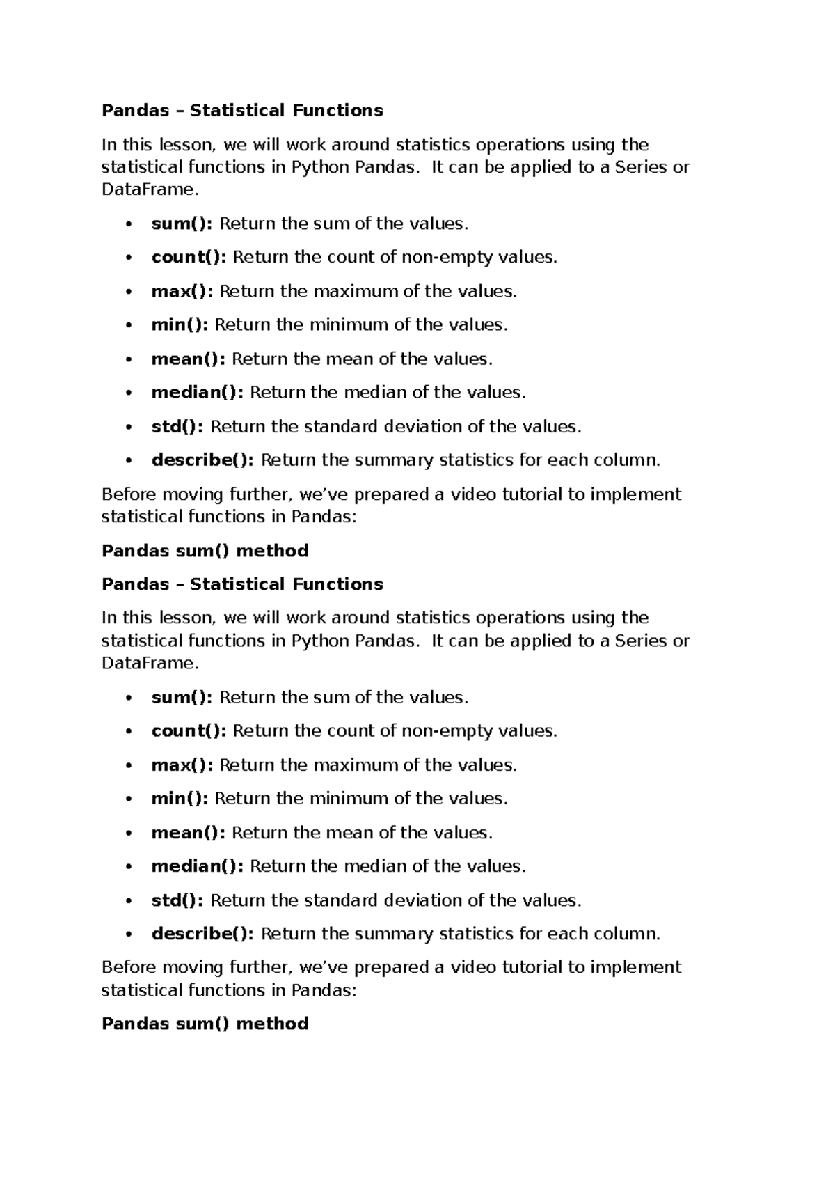 Pandas Statistical Functions: A Comprehensive Guide - Studocu