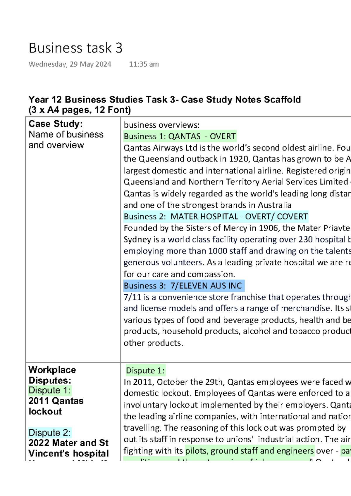Busines disputes notes - with casestudy - Year 12 Business Studies Task ...