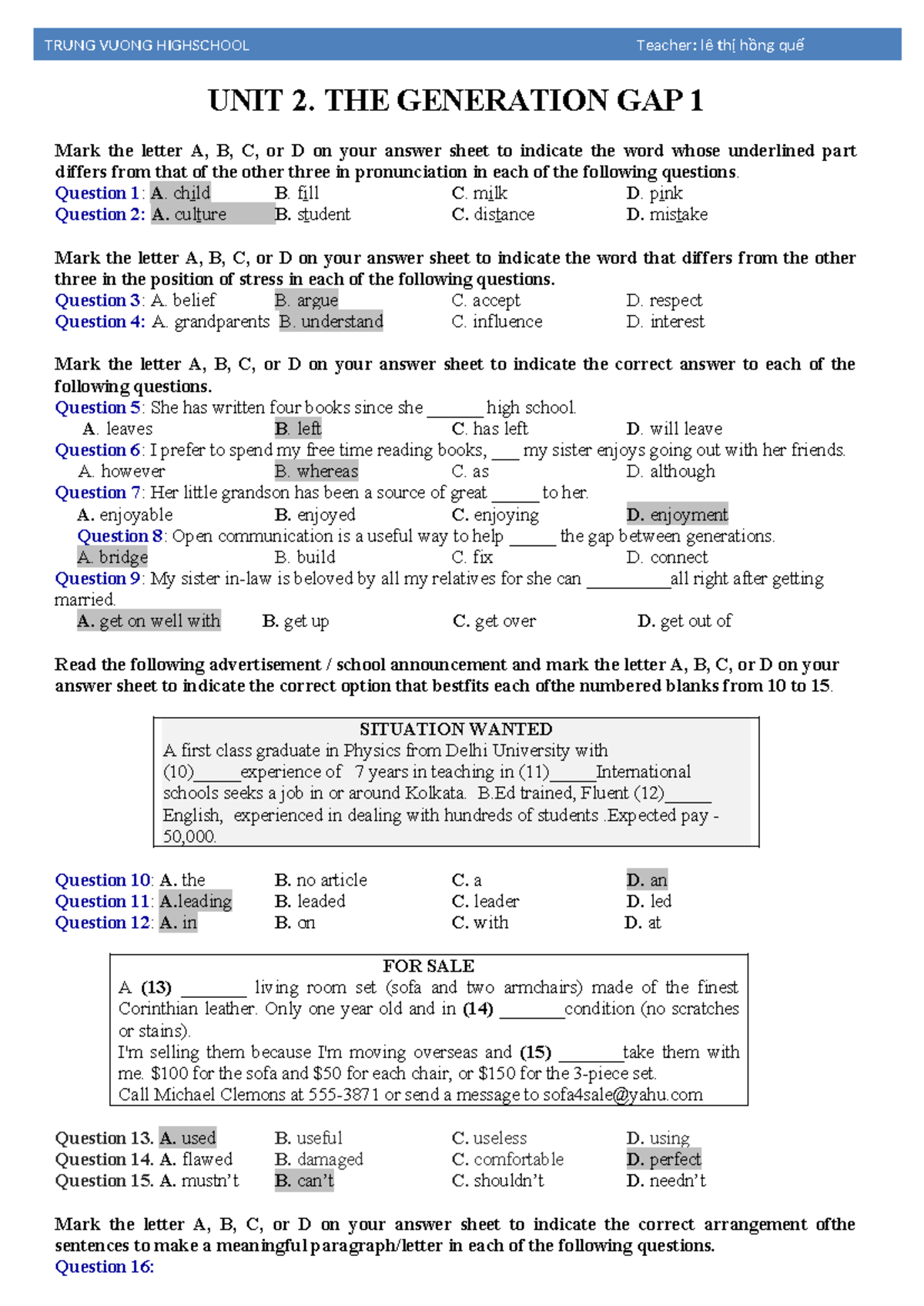 UNIT 2 THE Generation GAP - UNIT 2. THE GENERATION GAP 1 Mark the ...