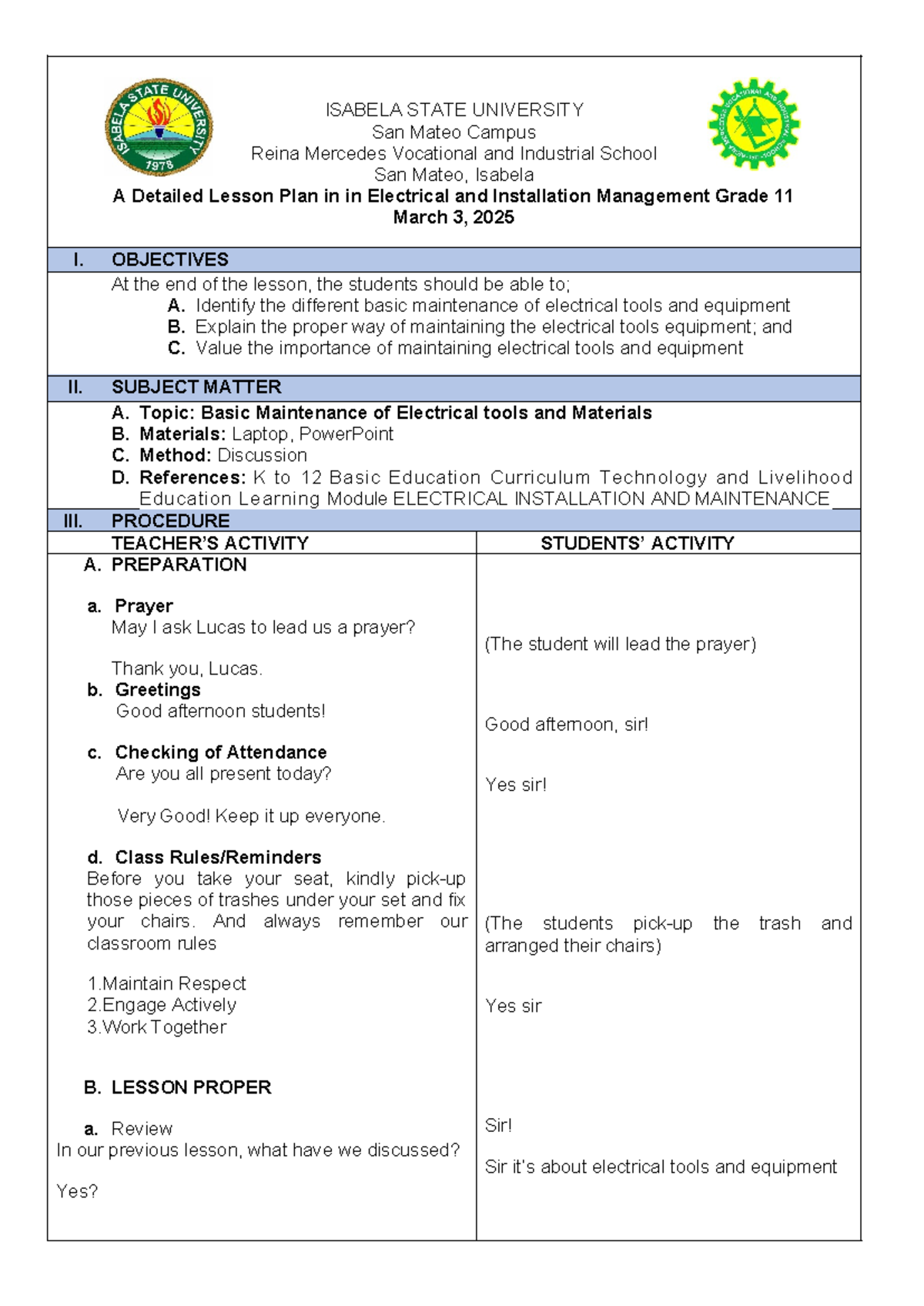 Lesson plan in basic maintainance of electrical tools and materials ...