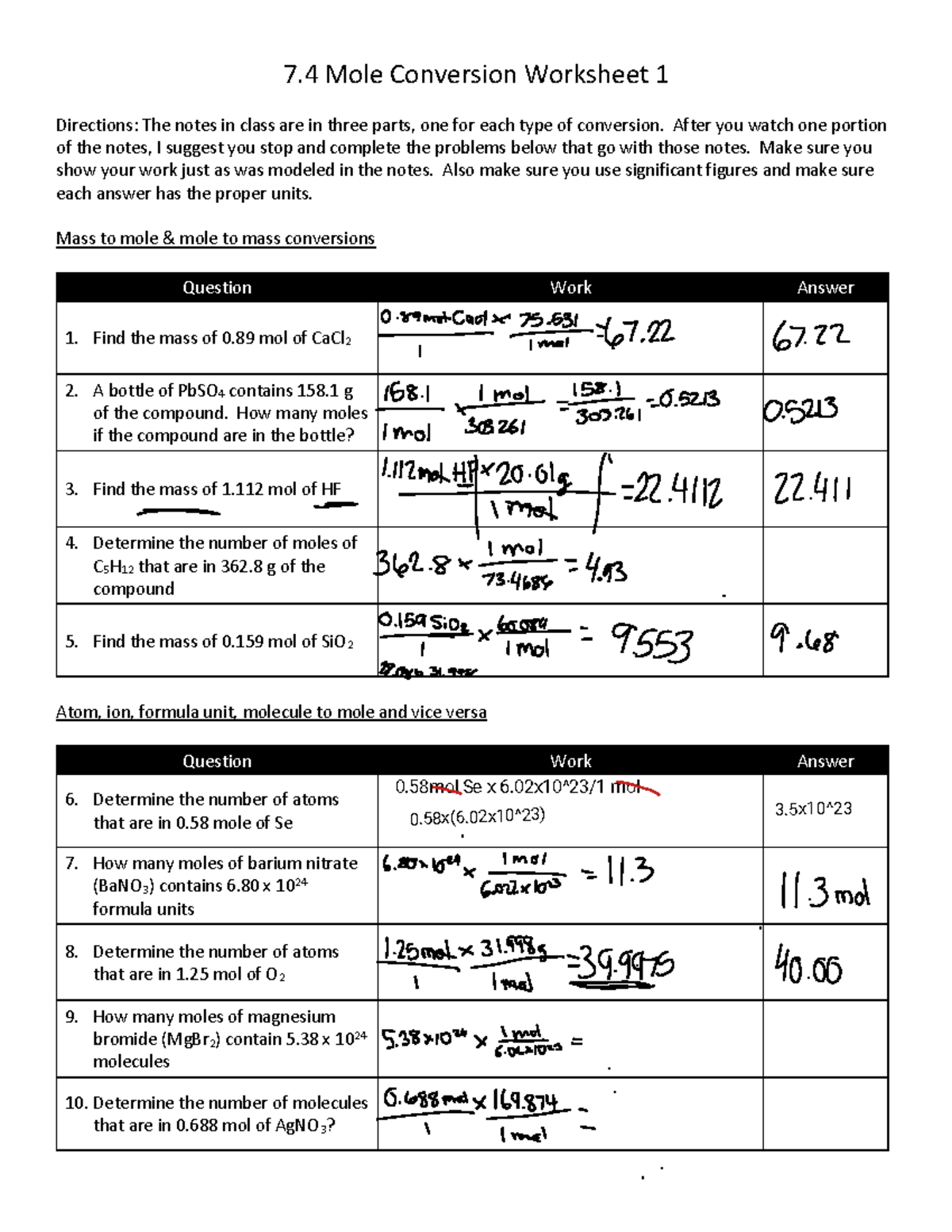 7.5 Mole Conversions Worksheet and Class Notes Review - Studocu