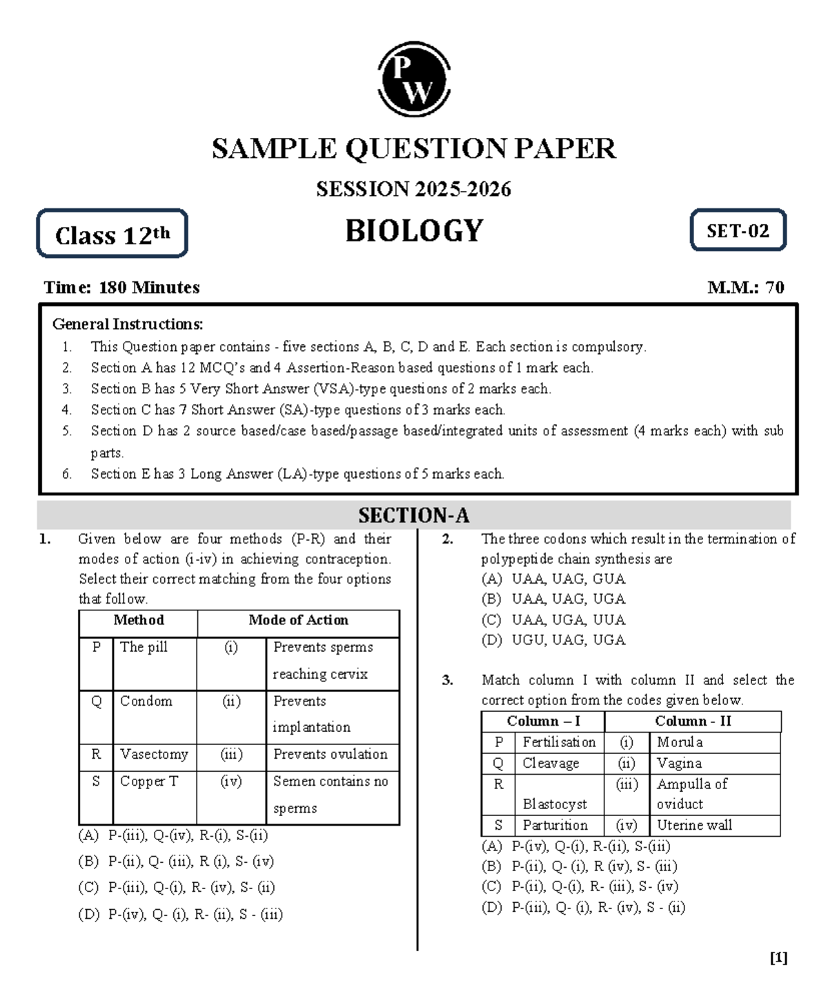CBSE Class 12 Biology Sample Question Paper - Studocu