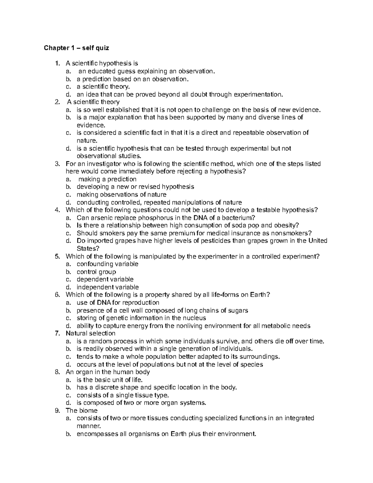 BIO self quiz test 1 - Chapter 1 – self quiz 1. A scientific hypothesis ...