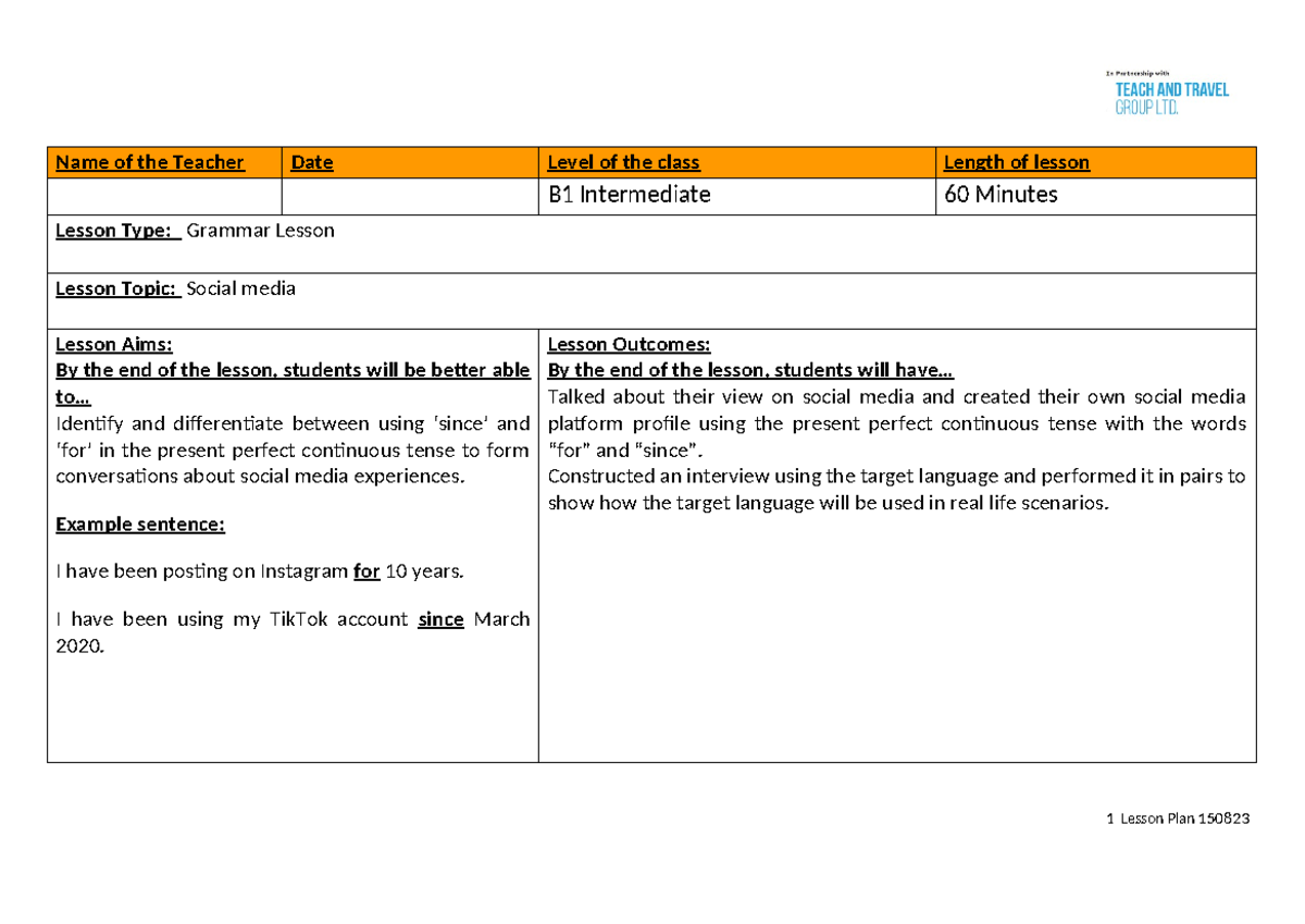 Lesson Plan Assignment 2 - Name of the Teacher Date Level of the class ...