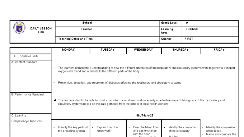 DLL Science 9 - First Quarter Daily Lesson Log on Circulatory ...