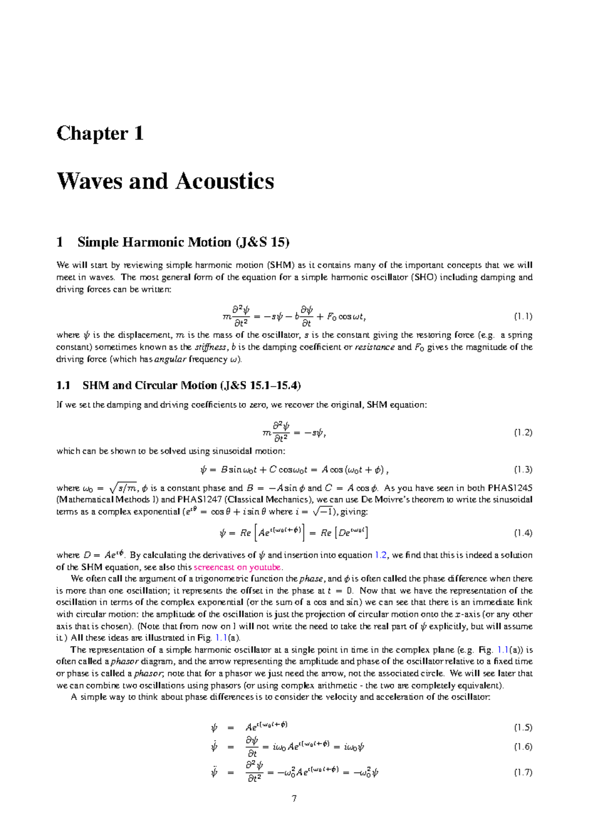 Chapter 1: Waves and Acoustics - Simple Harmonic Motion (PHAS1245 ...