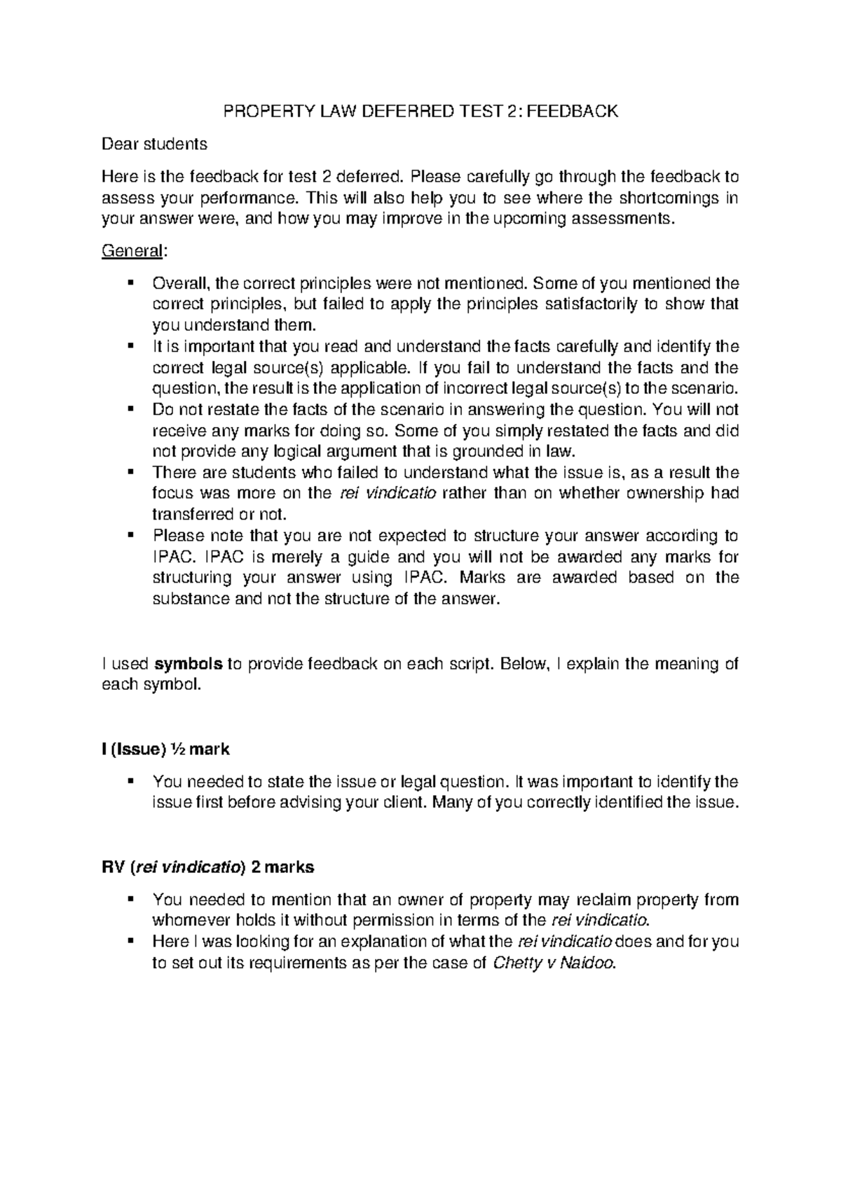 PROPERTY LAW DEFERRED TEST 2: PERFORMANCE FEEDBACK - Studocu