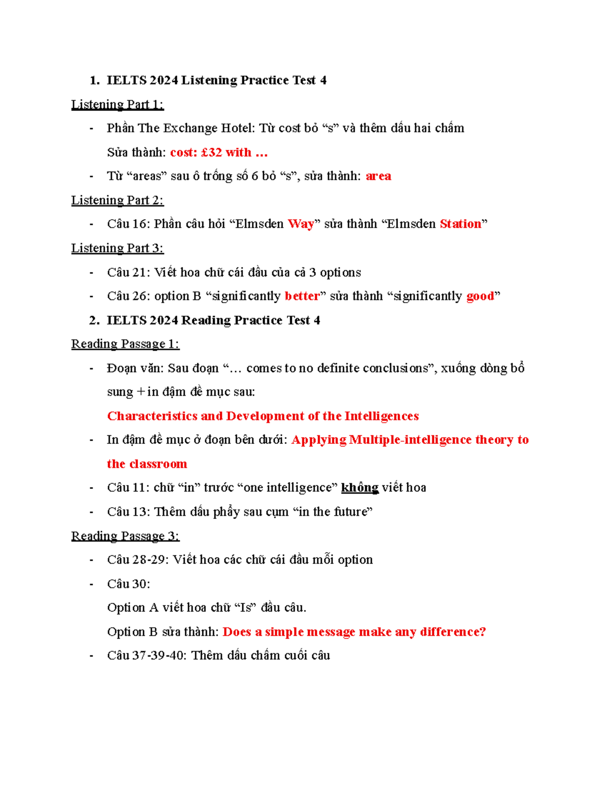 IELTS 2024 Listening & Reading Practice Test 4: Corrections - Studocu