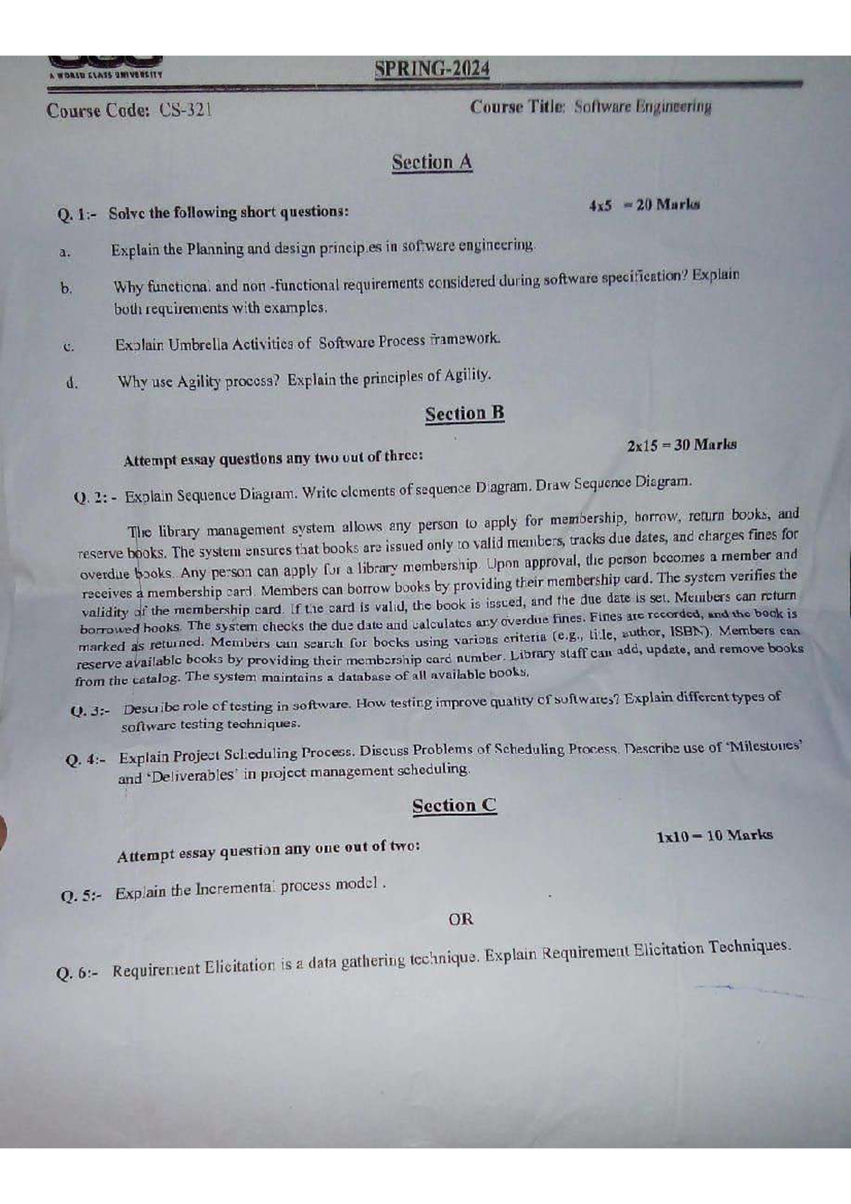 Software engineering Past paper - WORLD CLASS UNIVERSITY Course Code ...