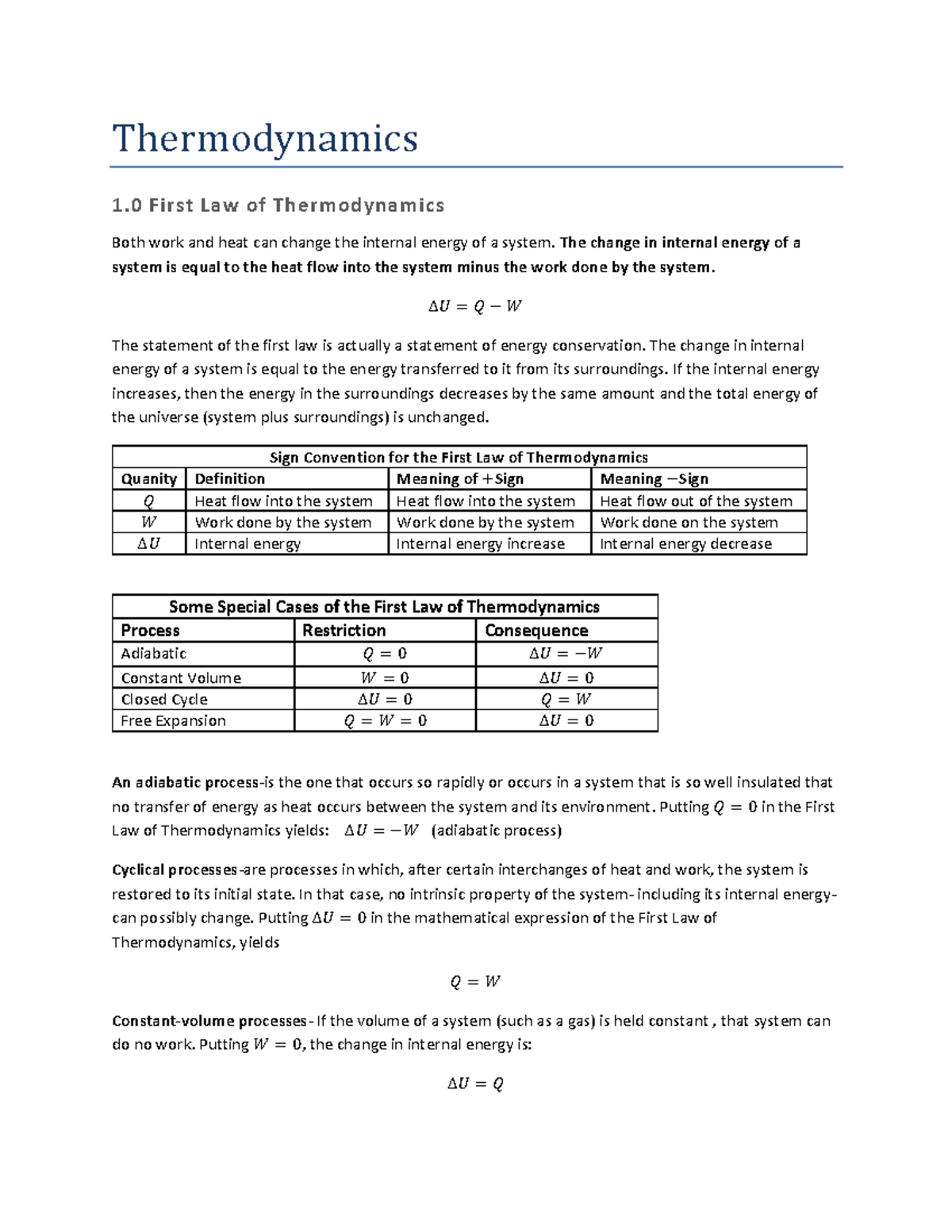 Thermodynamics Lecture Notes 2: The First Law and Processes - Studocu