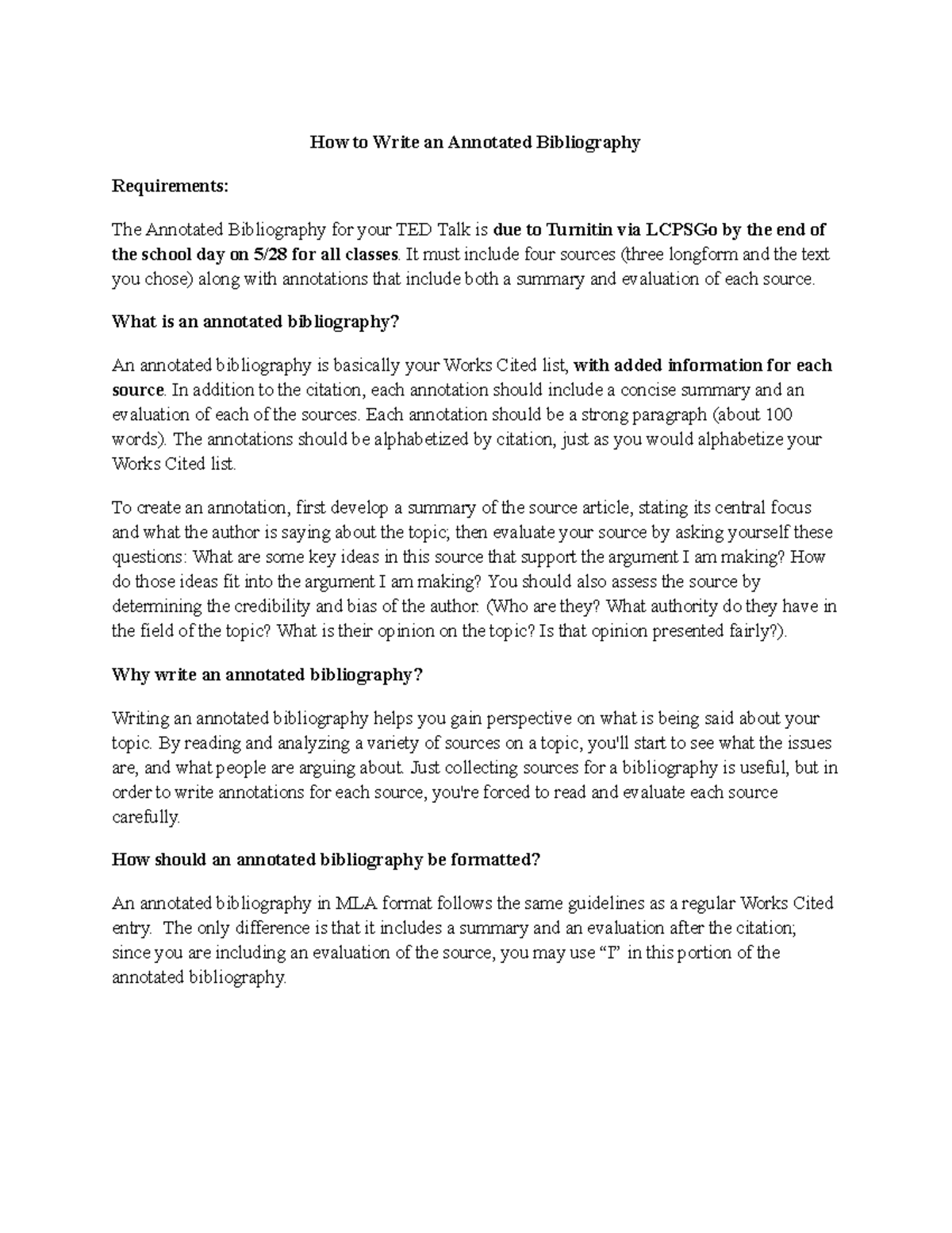 Annotated Bibliography Guidelines for TED Talk Project - Studocu