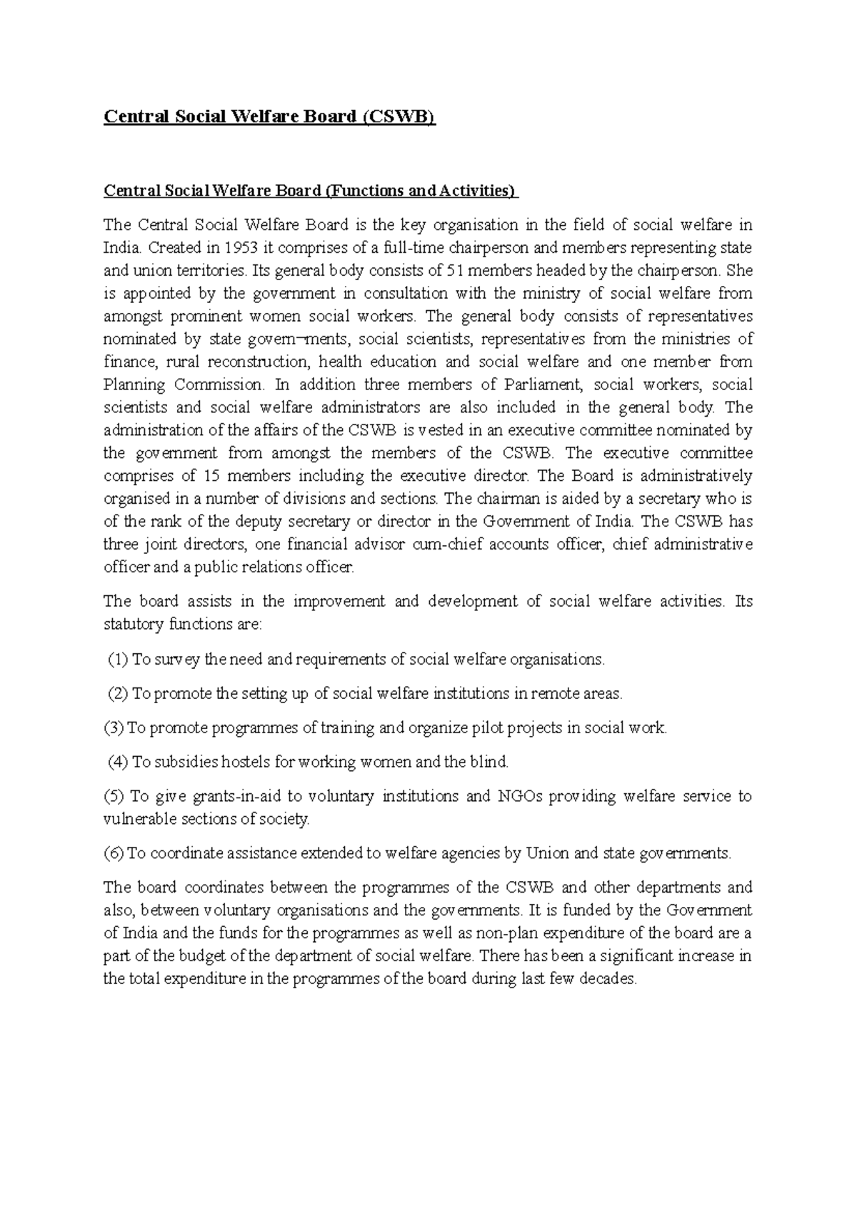CSWB & SSWB Functions and Activities Overview - Studocu