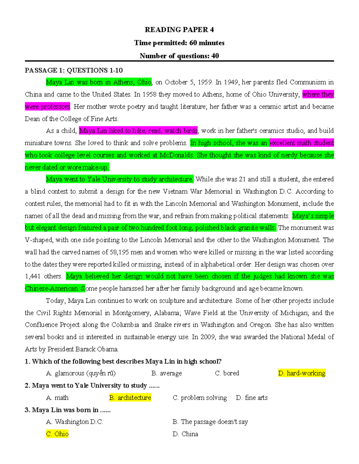 Reading Test 4: Comprehension Questions and Answers - Studocu