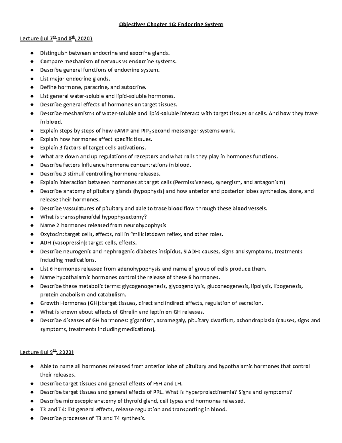 Objectives for Endocrine System Lecture (Course Code: BIO 101) - Studocu