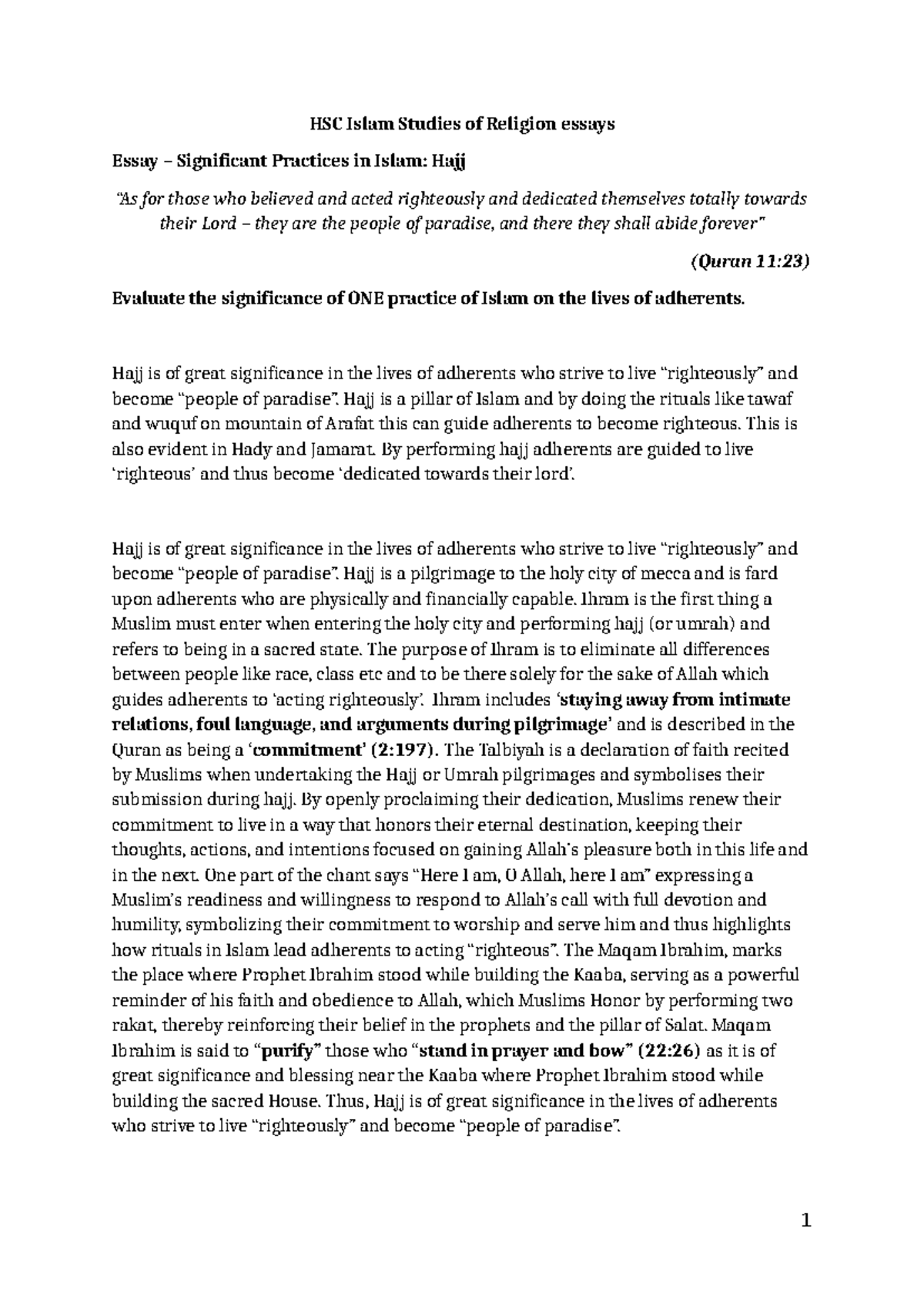 HSC Islam Studies of Religion: Significance of Hajj in Adherents' Lives ...