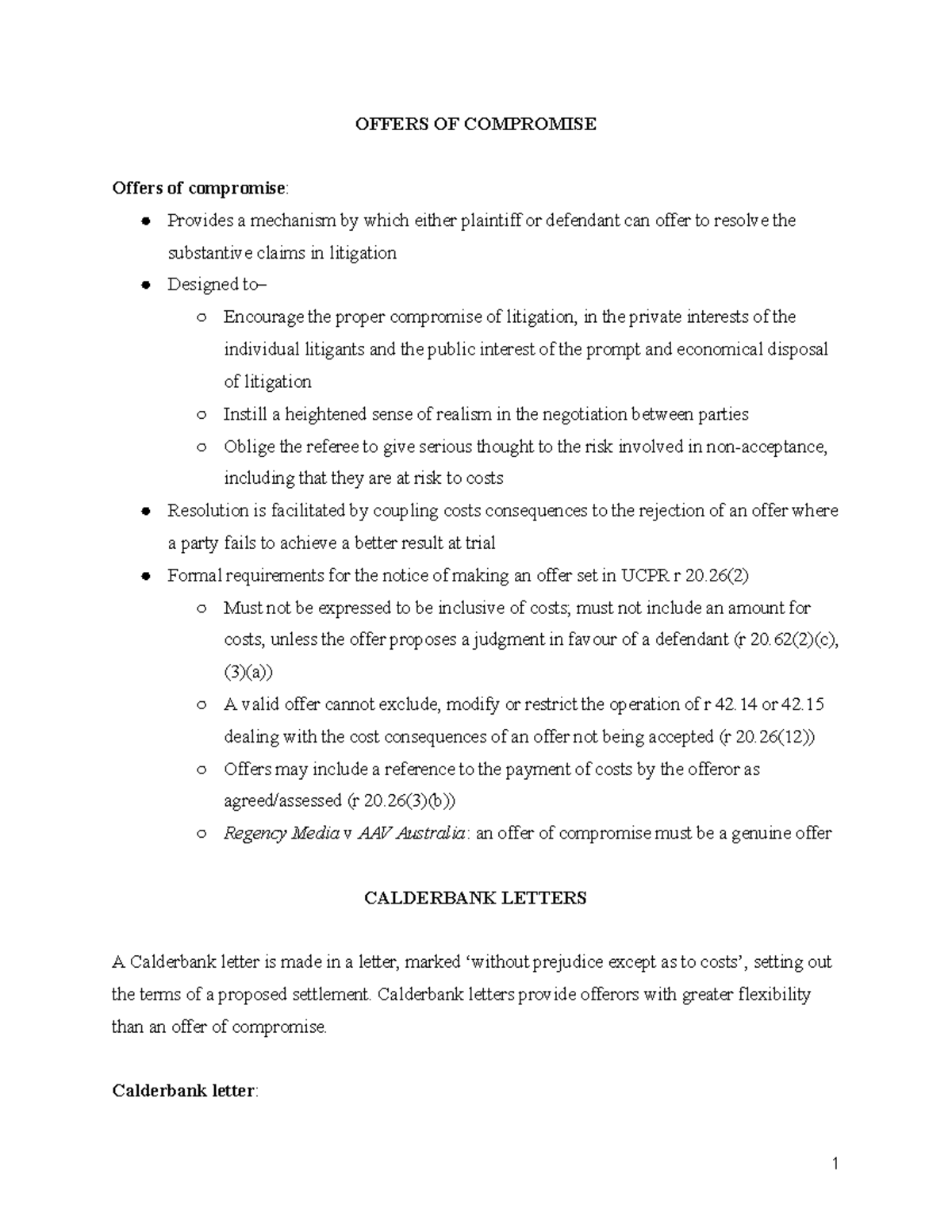 LAWS2371 - Offers of Compromise: Mechanisms and Legal Principles - Studocu
