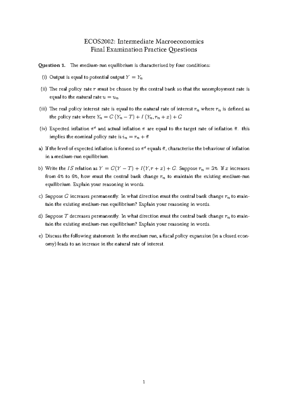 ECOS2002: Intermediate Macroeconomics Final Exam Practice Questions ...
