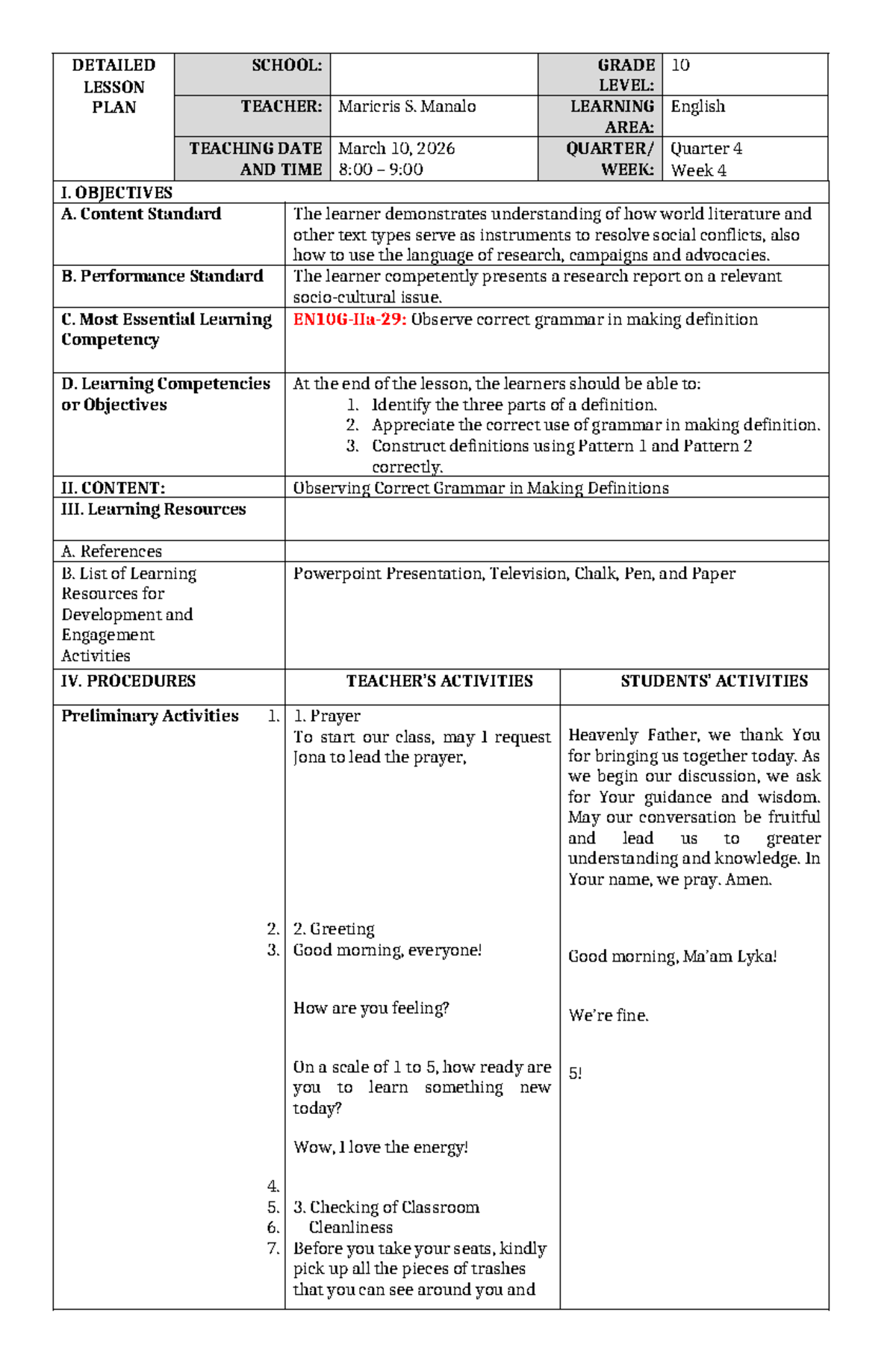 Grade 10 English Quarter 4 Week 4 Detailed Lesson Plan on Definitions ...