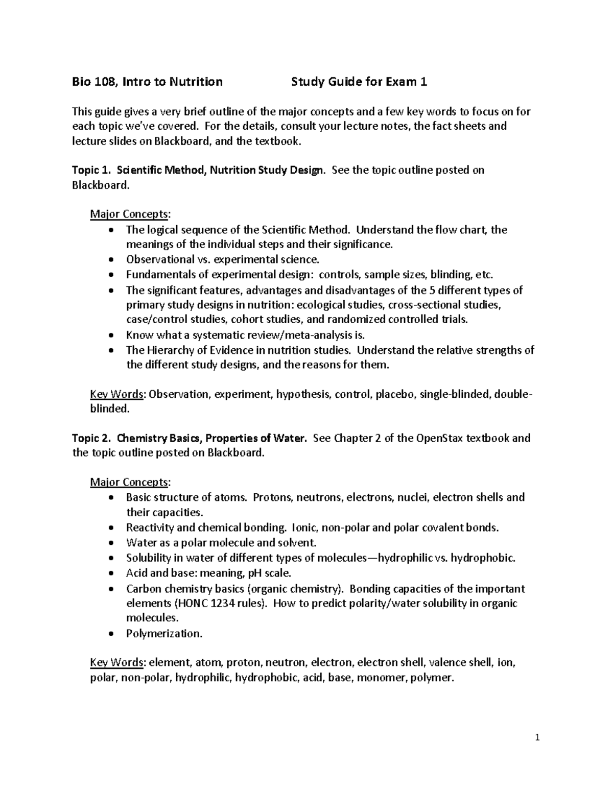 Bio 108, Intro to Nutrition Study Guide for Exam 1: Key Concepts - 1 ...