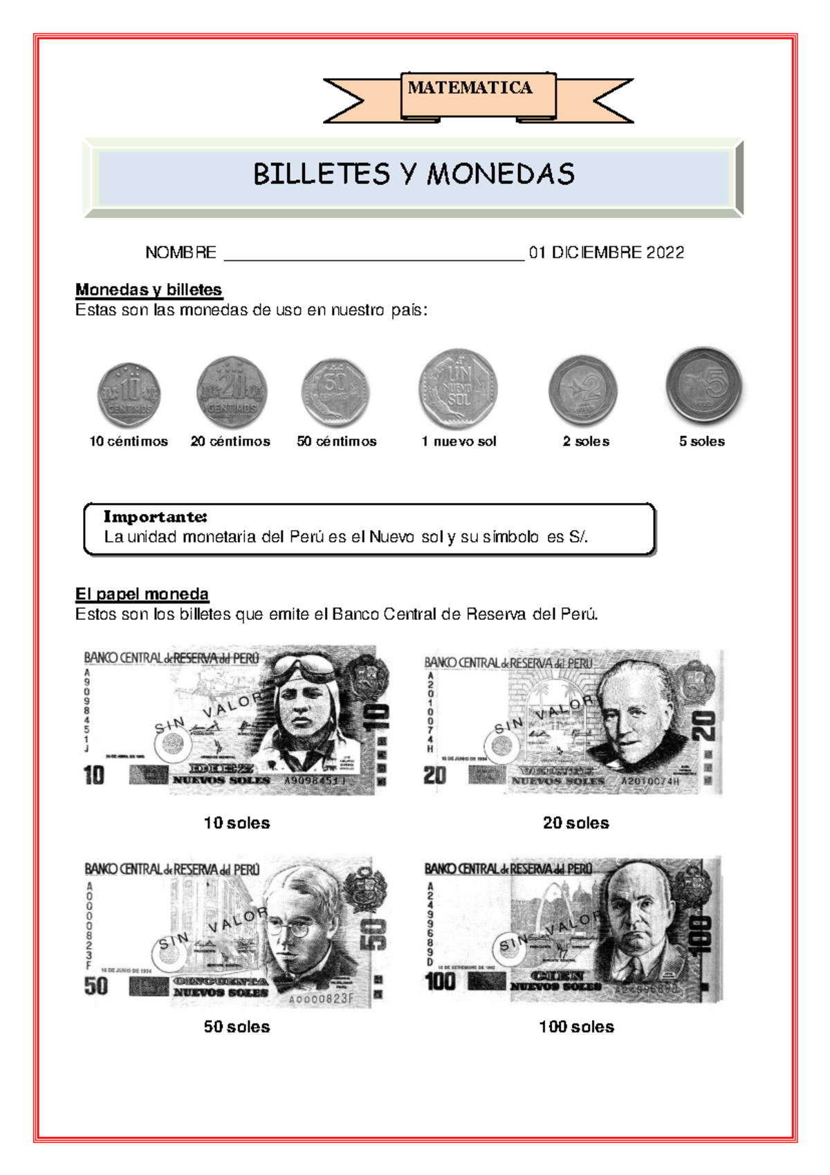 Ficha 01 Diciembre MATE Billetes y Monedas - Ejercicios y Ejemplos - Document Preview
