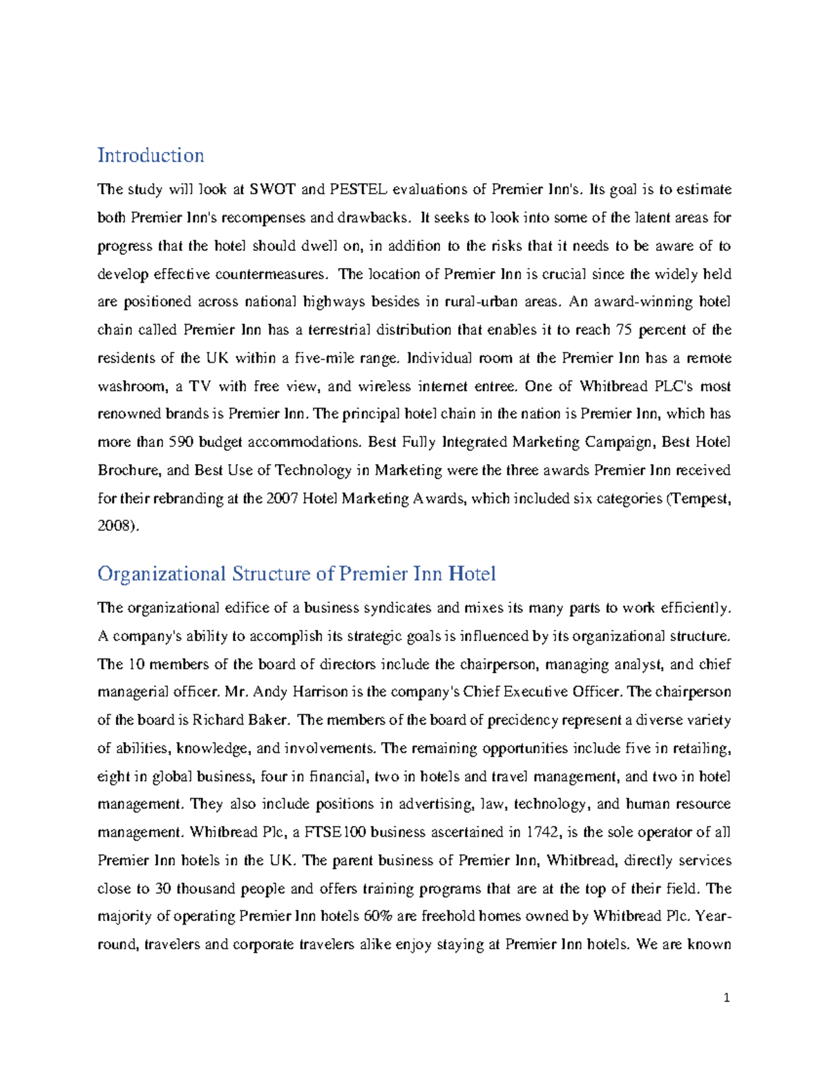 Business Analysis of Premier Inn: SWOT & PESTEL Evaluation - Studocu
