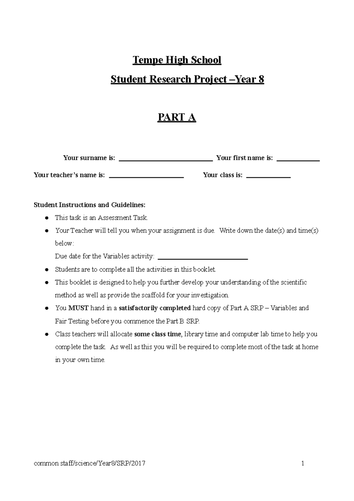 Year 8 Science SRP: Variables & Fair Testing Guidelines - Studocu