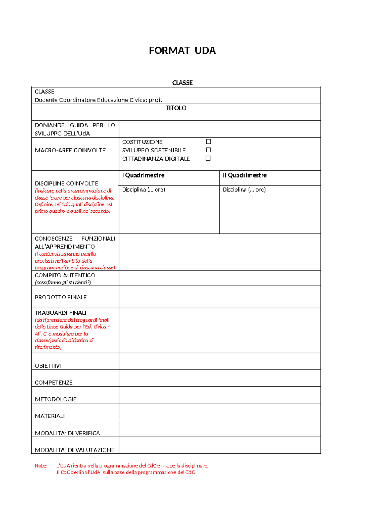 Format Vuoto UDA - esempio di una una attuabile nella scuola primaria o ...