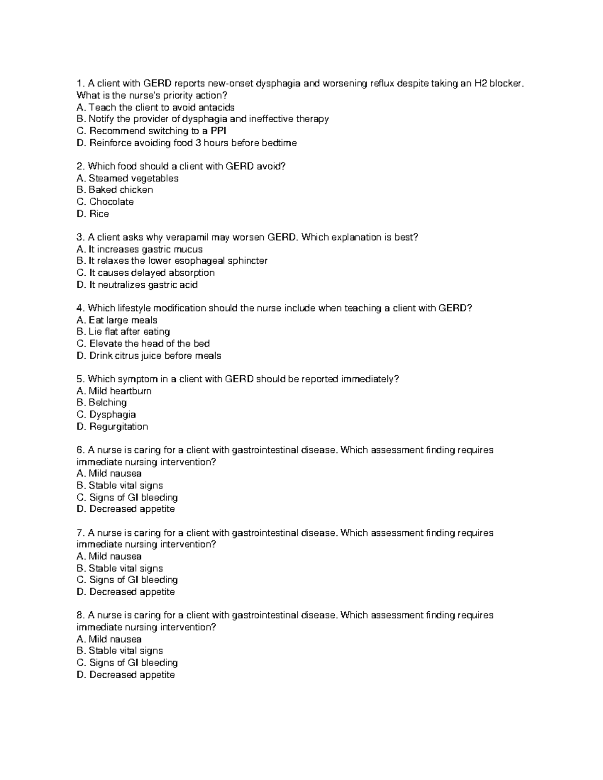 GI Part I: 50 Essential Questions on GERD & Nursing Interventions - Studocu