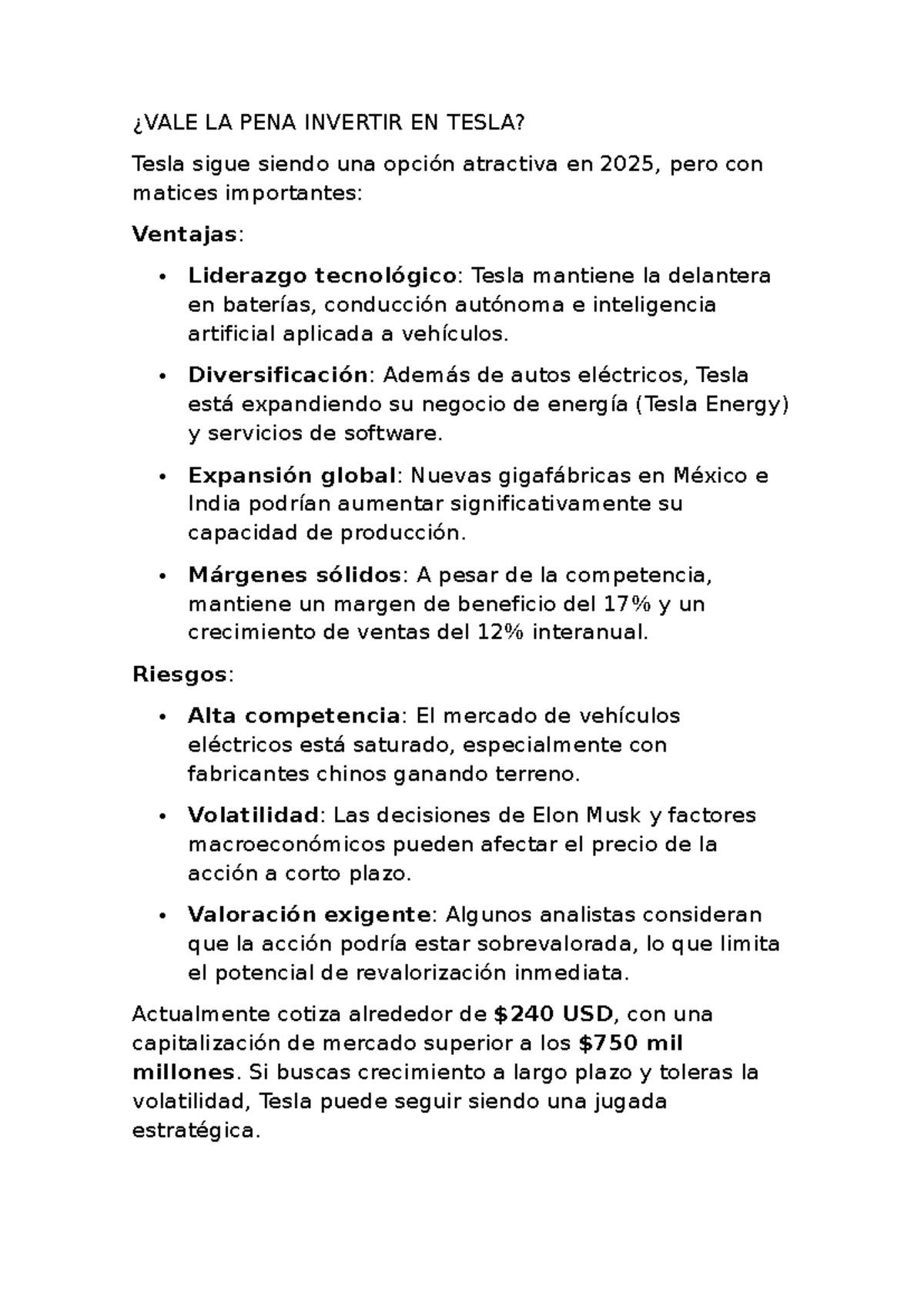 VALE LA PENA Invertir EN TESLA? Análisis y Perspectivas 2025 - Studocu