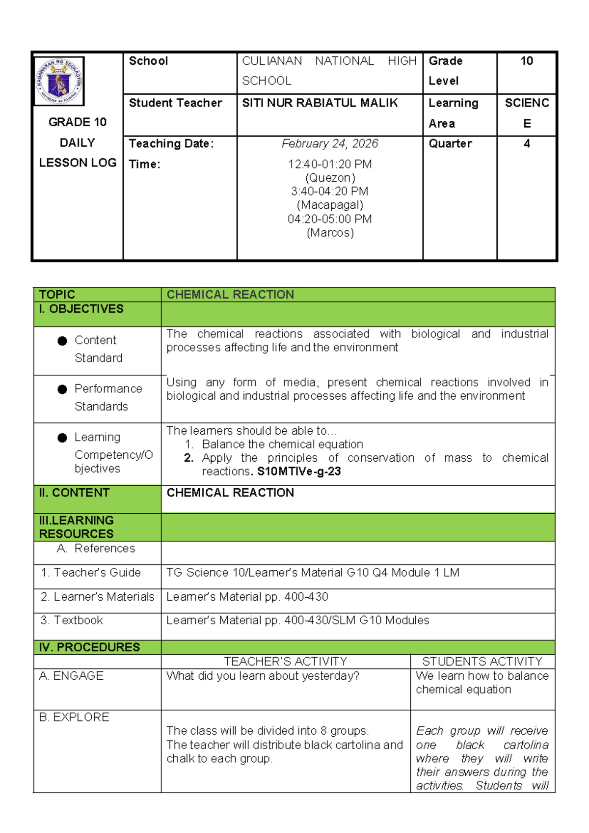 G10 Daily Lesson Log: Chemical Reactions (Q4) by Siti Nur Rabiatul ...