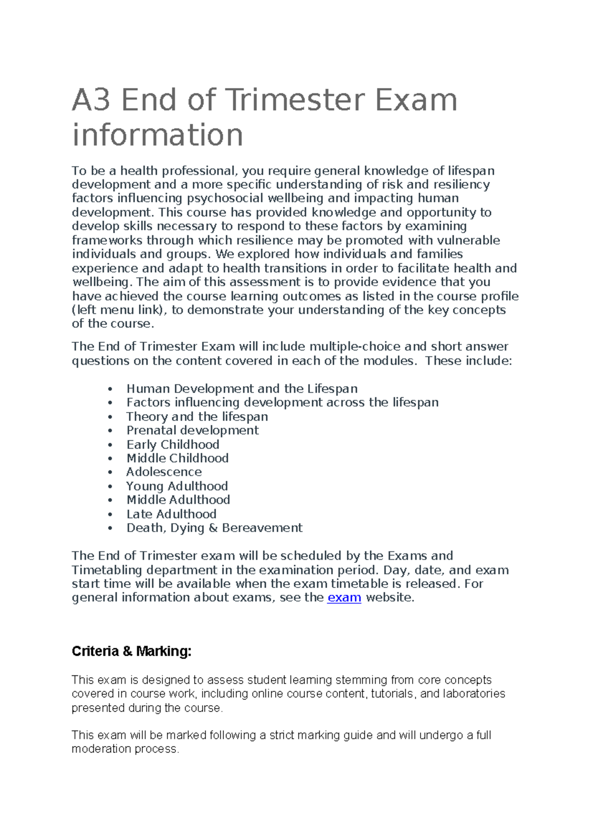 A3 End of Trimester Exam: Lifespan Development Insights - Studocu