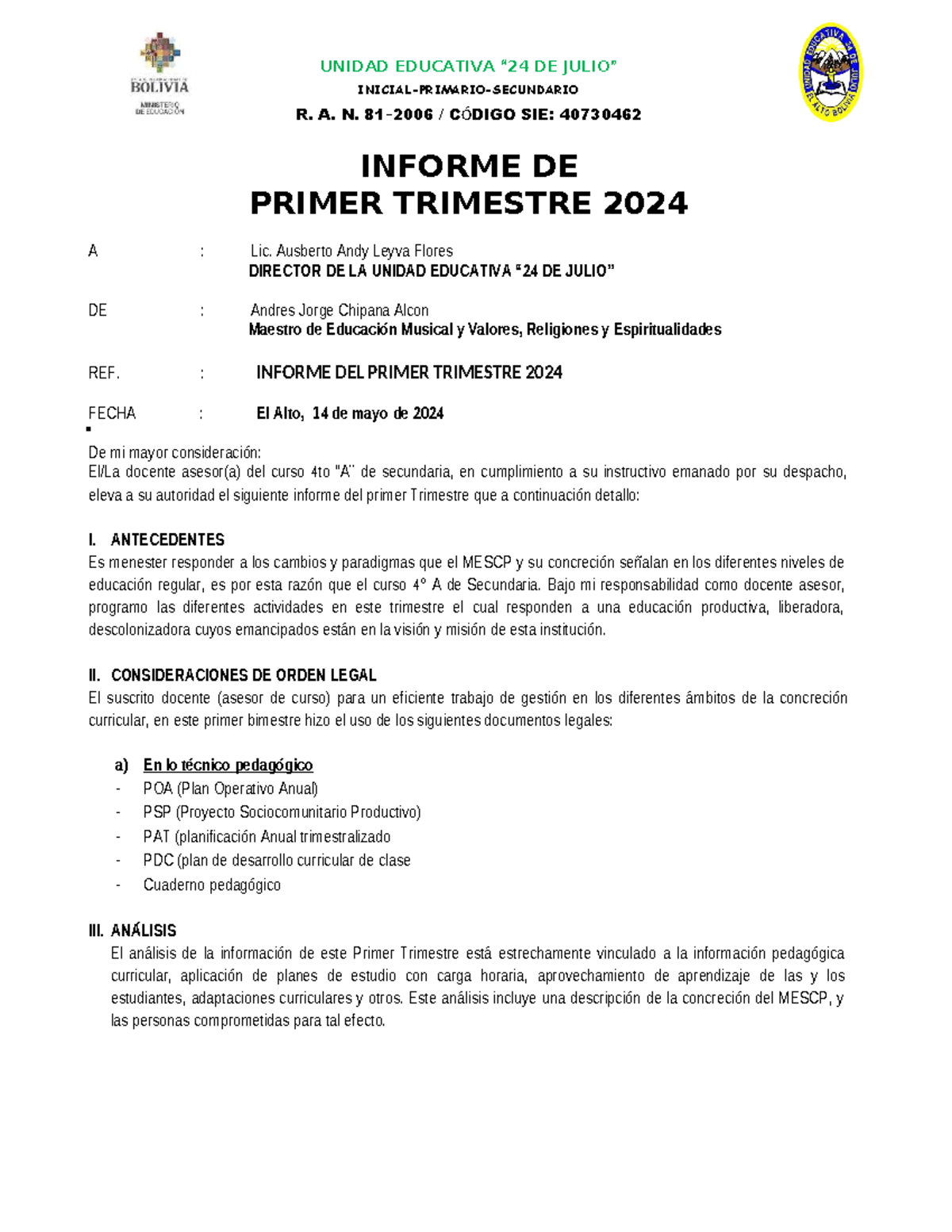Informe del Primer Trimestre 2024 - Educación Musical SEC - Studocu