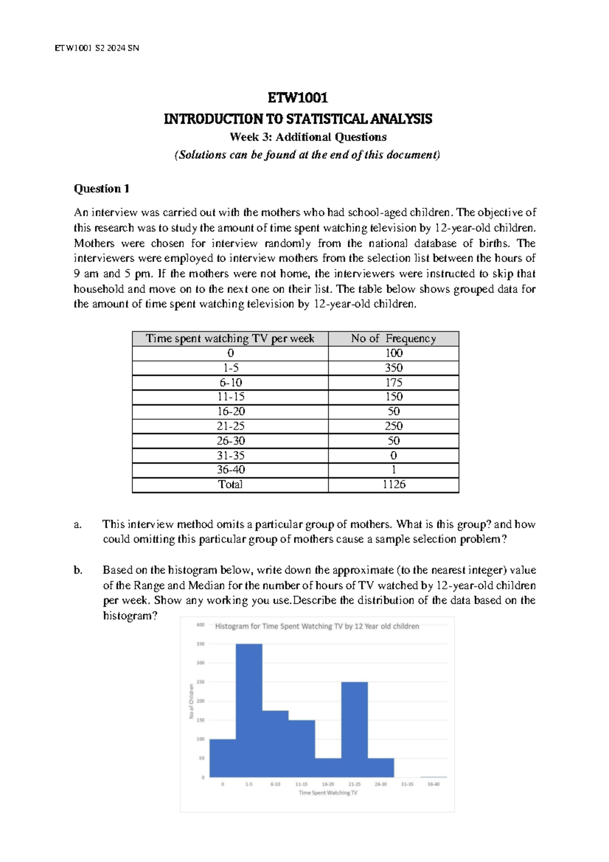 Extra Questions Self Study - ETW INTRODUCTION TO STATISTICAL ANALYSIS ...