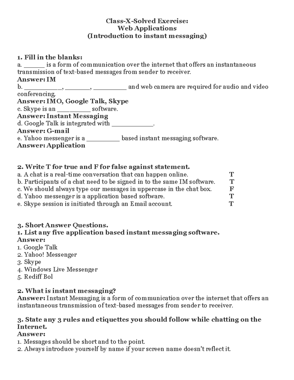 Class-X-Solved Exercises: Introduction to Instant Messaging - Studocu
