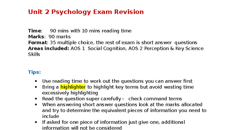 2025 Unit 2 Psychology Exam Revision Guide: Key Areas & Tips - Studocu