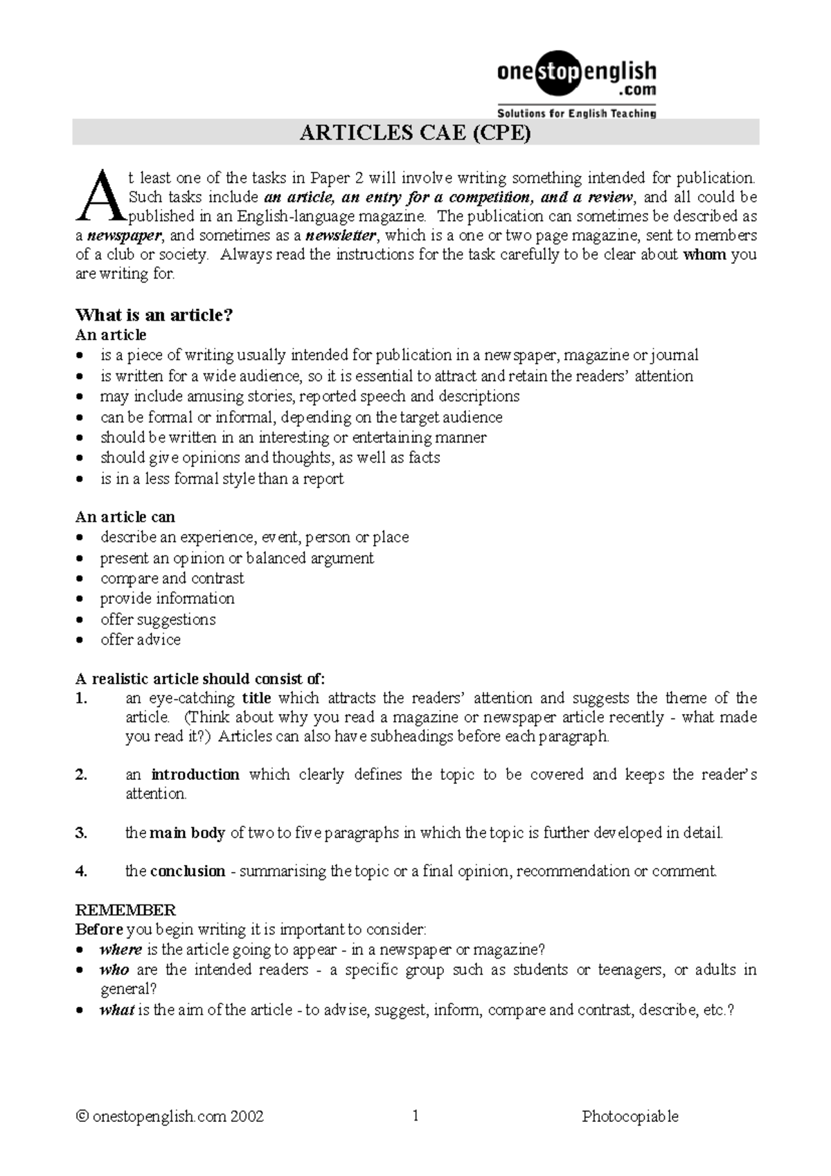 CAE Article Writing Guidelines and Tips - Studocu