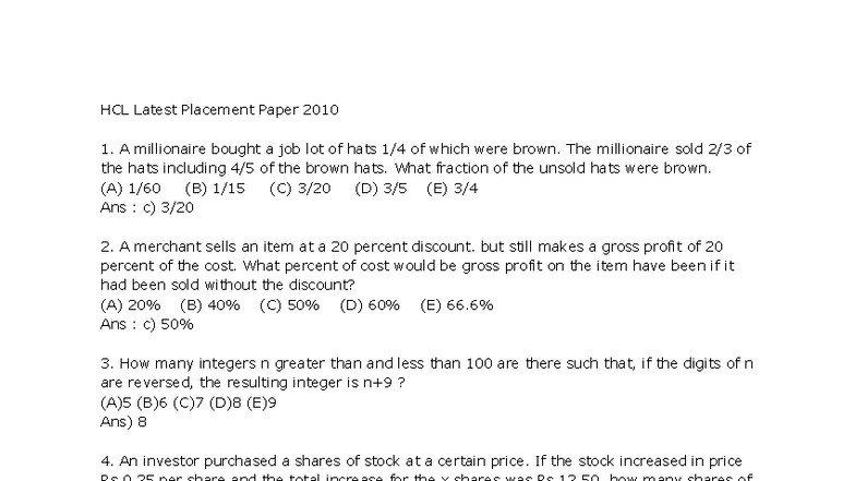 Aptitude practice material - HCL Latest Placement Paper 2010 A ...