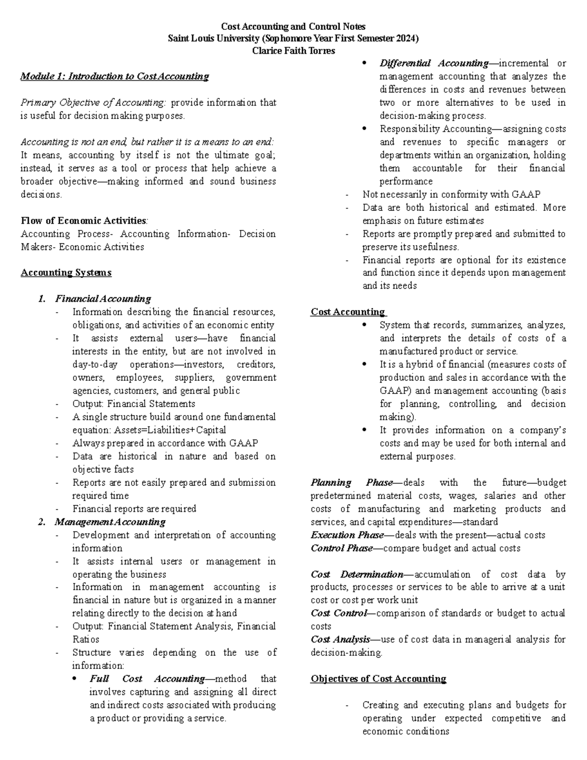 Cost Accounting and Control Notes (Sophomore Year, Module 1) - Studocu