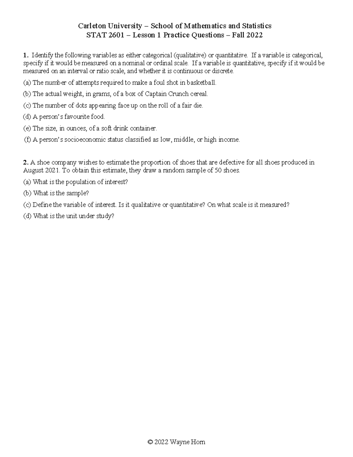 STAT 2601 Lesson 1 Practice Questions - Variables & Sampling - Studocu