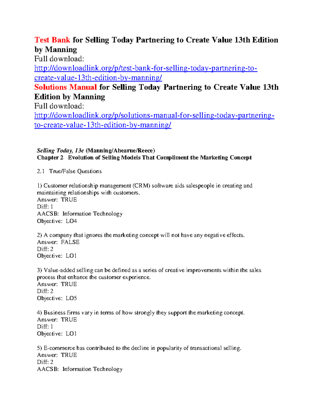 Selling Today, 13e - Test Questions & Answers Overview - Studocu