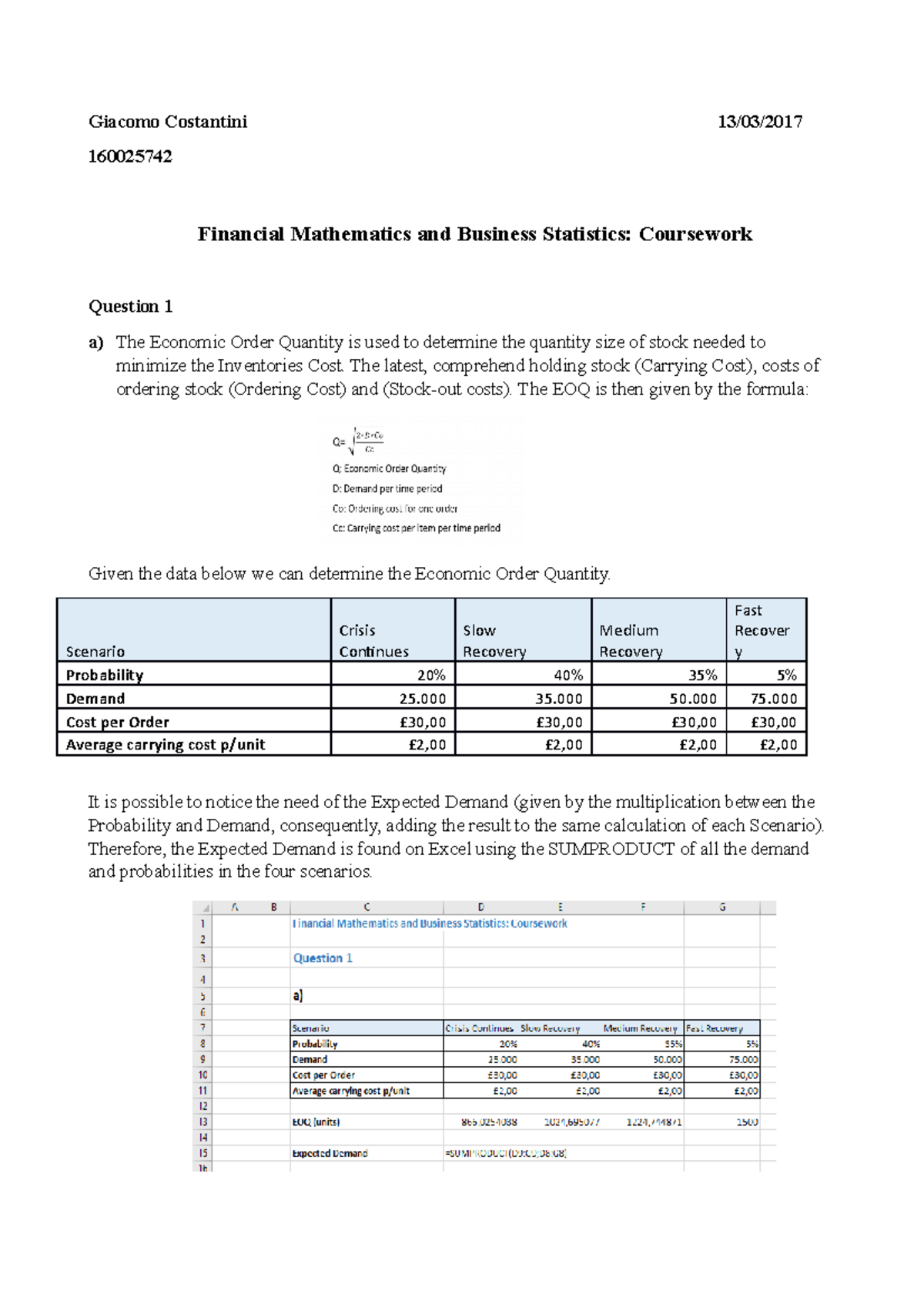 Financial Mathematics & Business Statistics: Coursework Analysis - Studocu
