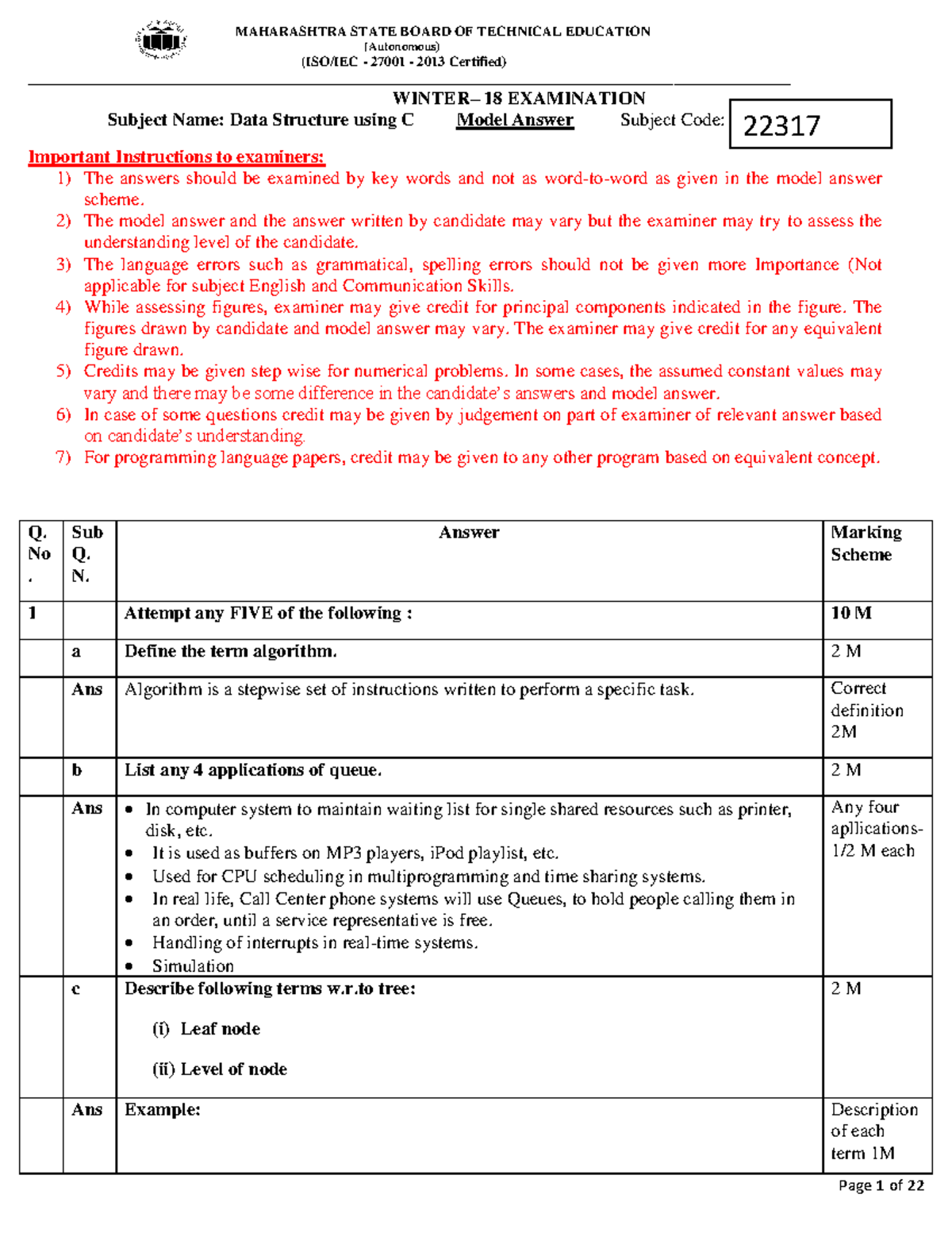 22317 Data Structure using C winter 2018 answer paper 1 - (Autonomous ...
