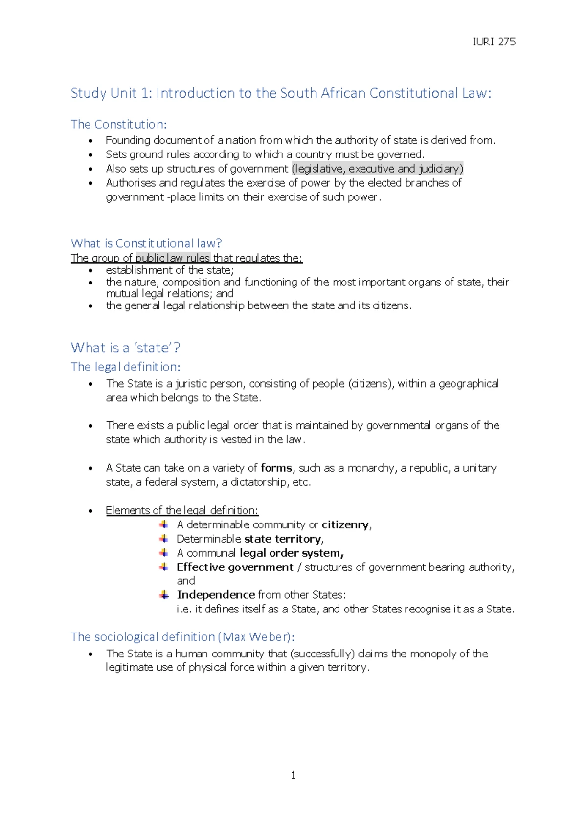 IURI 275 - Summary Notes on Constitutional Law & the Bill of Rights ...