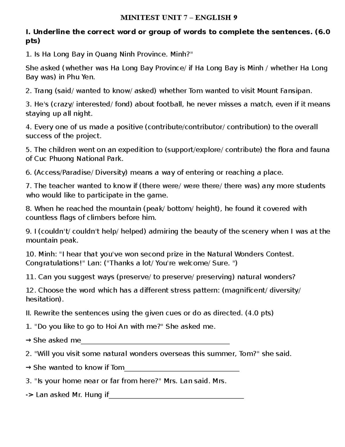 Minitest Unit 7: English 9 - Sentence Completion & Reported Speech ...