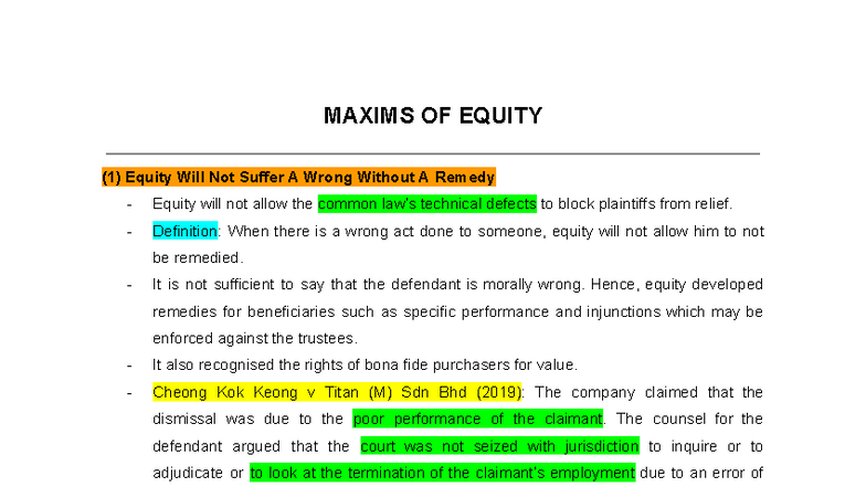 MAXIMS OF EQUITY: Understanding Key Principles and Cases - Studocu