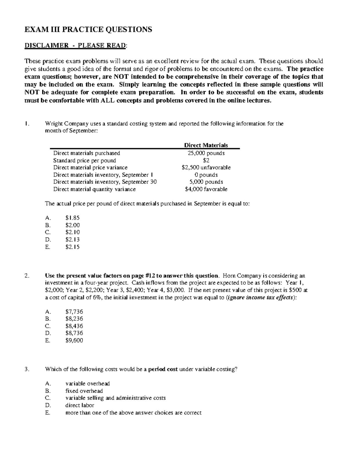 Practice Exam III: Accounting Costs & Budgeting Concepts Review - Studocu