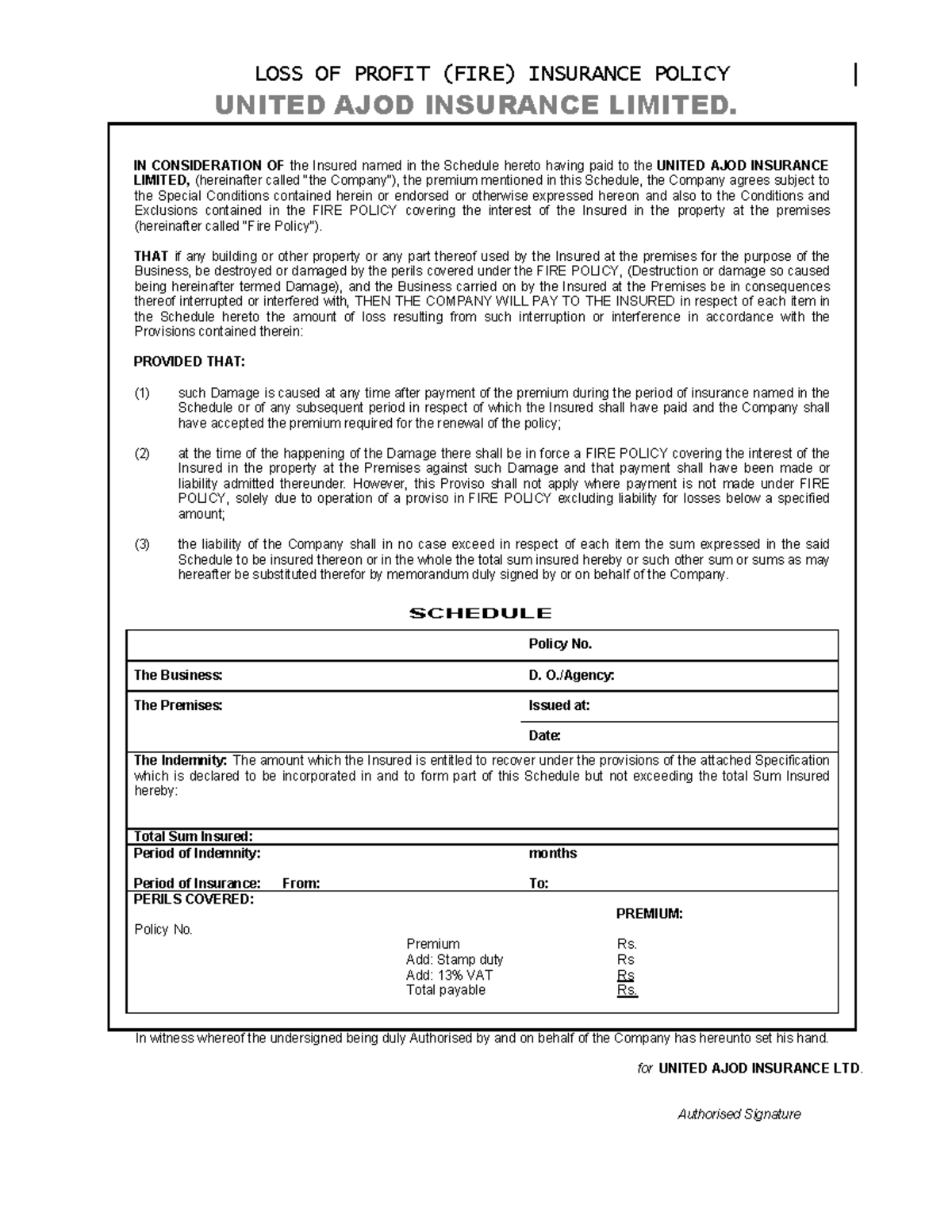 Loss of Profit Insurance Policy Overview - United Ajod Ins. Ltd. - Studocu