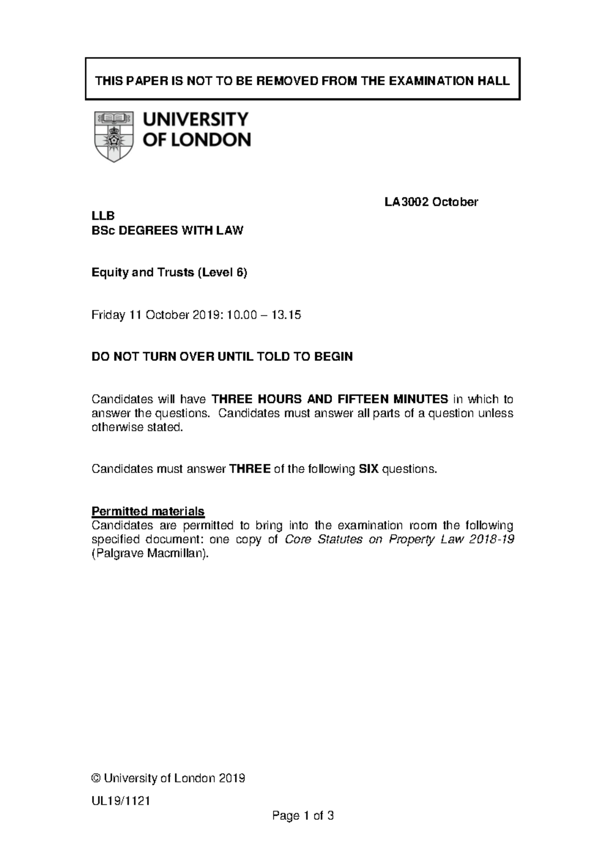 LA3002 Equity and Trusts Level 6 Exam Paper - October 2019 - Studocu