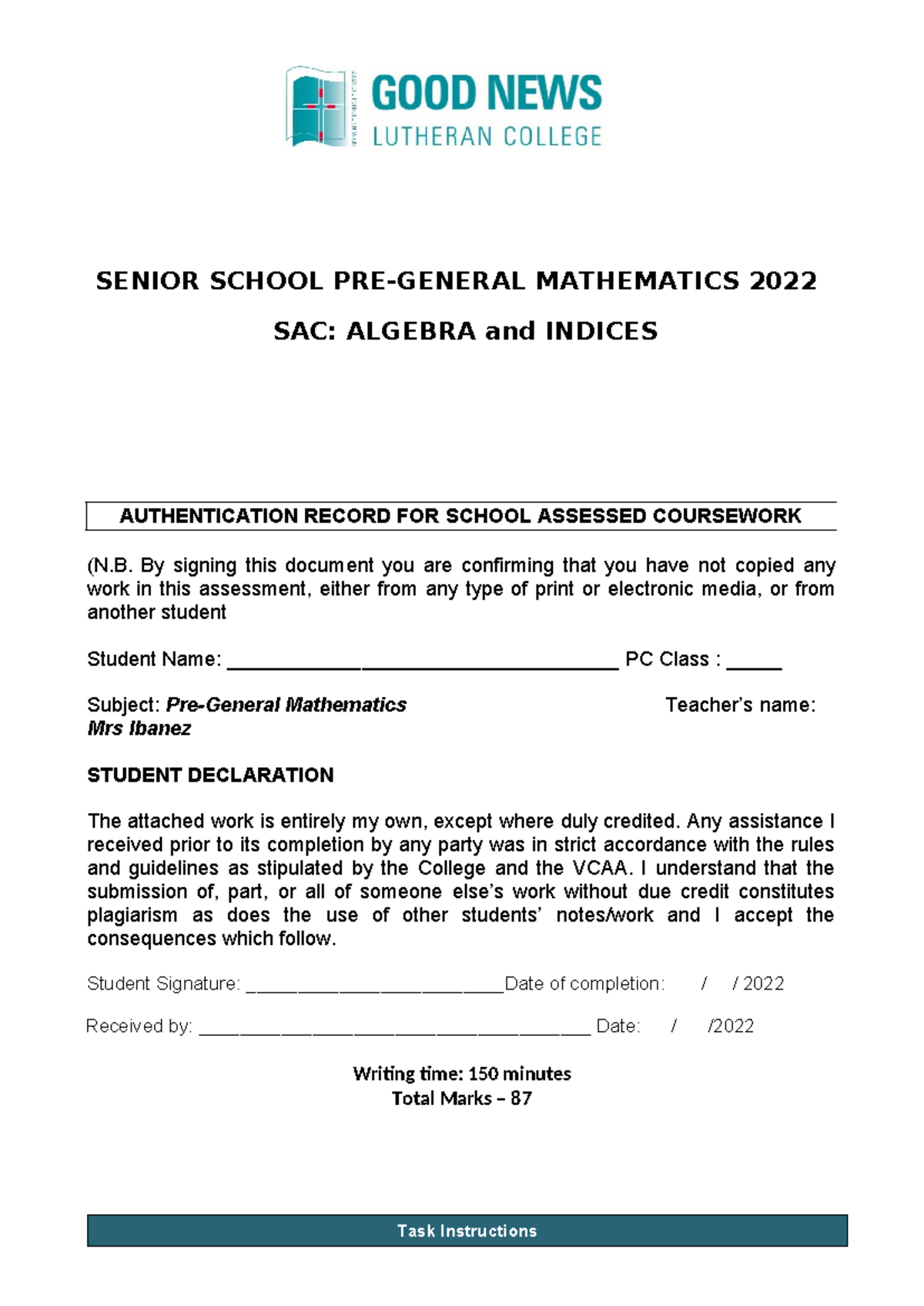 Algebra and Indices SAC 2022: Senior School Mathematics Assessment ...